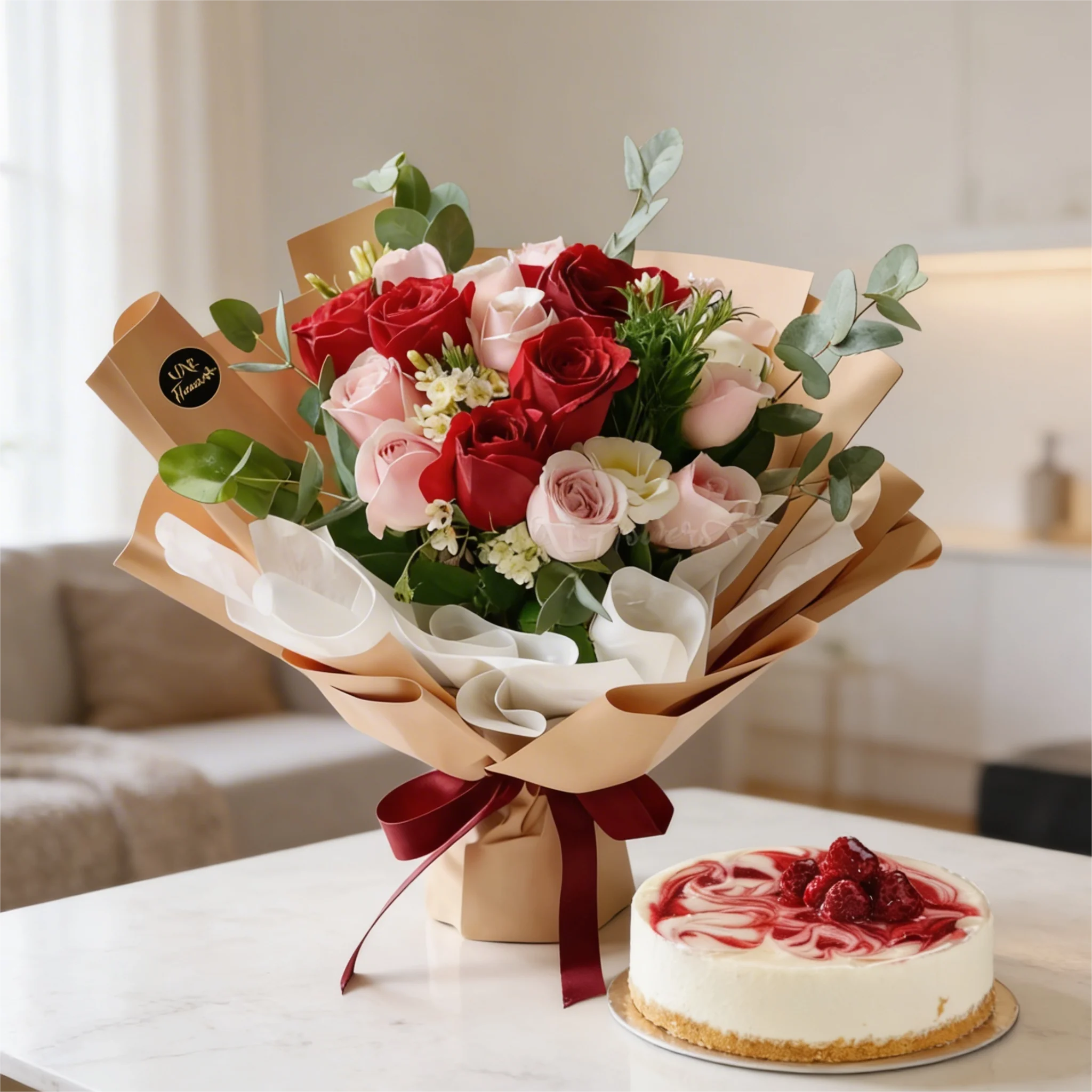 Pink & Red Roses with Raspberry Cheesecake