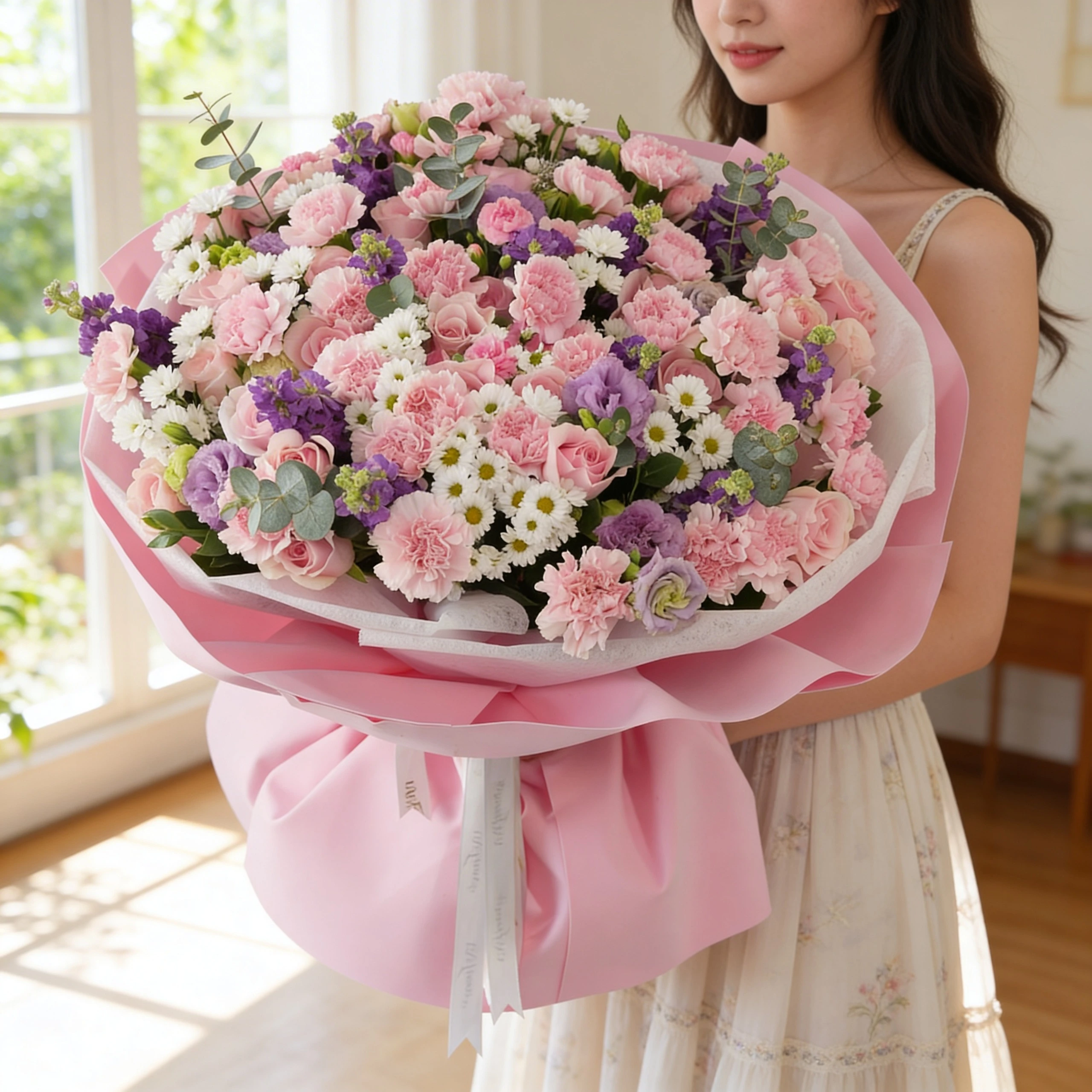 Bouquet of 10 purple matthiola, 10 white chrysanthemums, 10 purple lisianthus, 30 pink carnations and 50 pink roses with green fillers in nice wrapping.