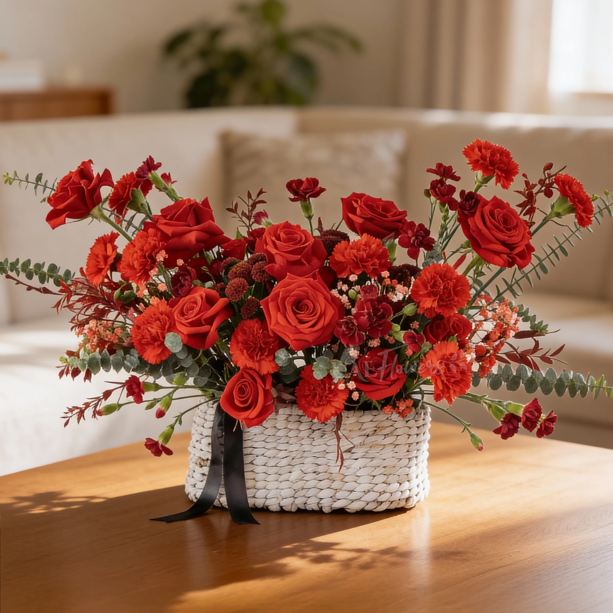 10 red roses, 12 red carnations and 6 red spray carnations with green fillers in a basket.