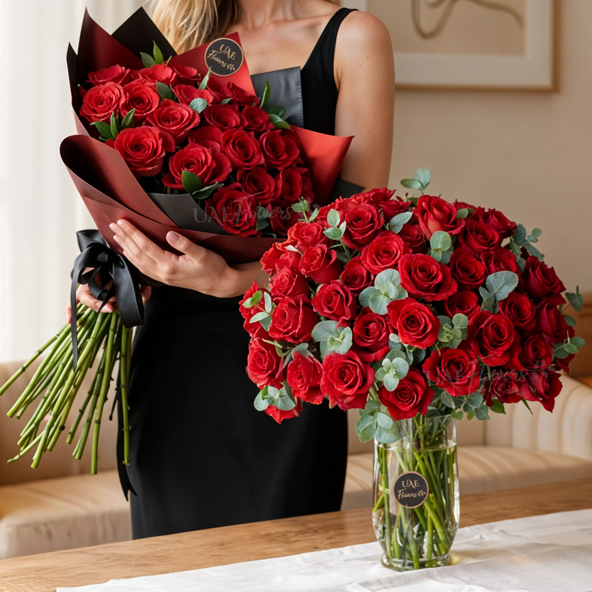 Bouquet of 20 Red Roses With 50 Red Roses in a glass vase
