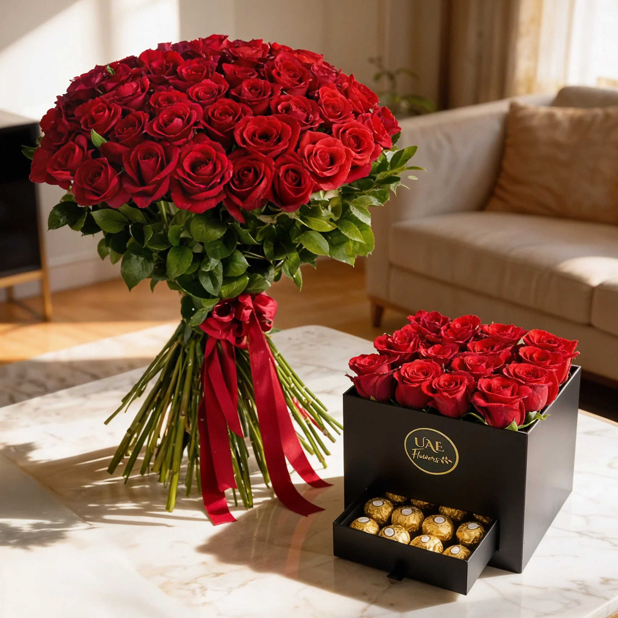 100 Handied Red Roses With Flowers & Ferreo In Black Box