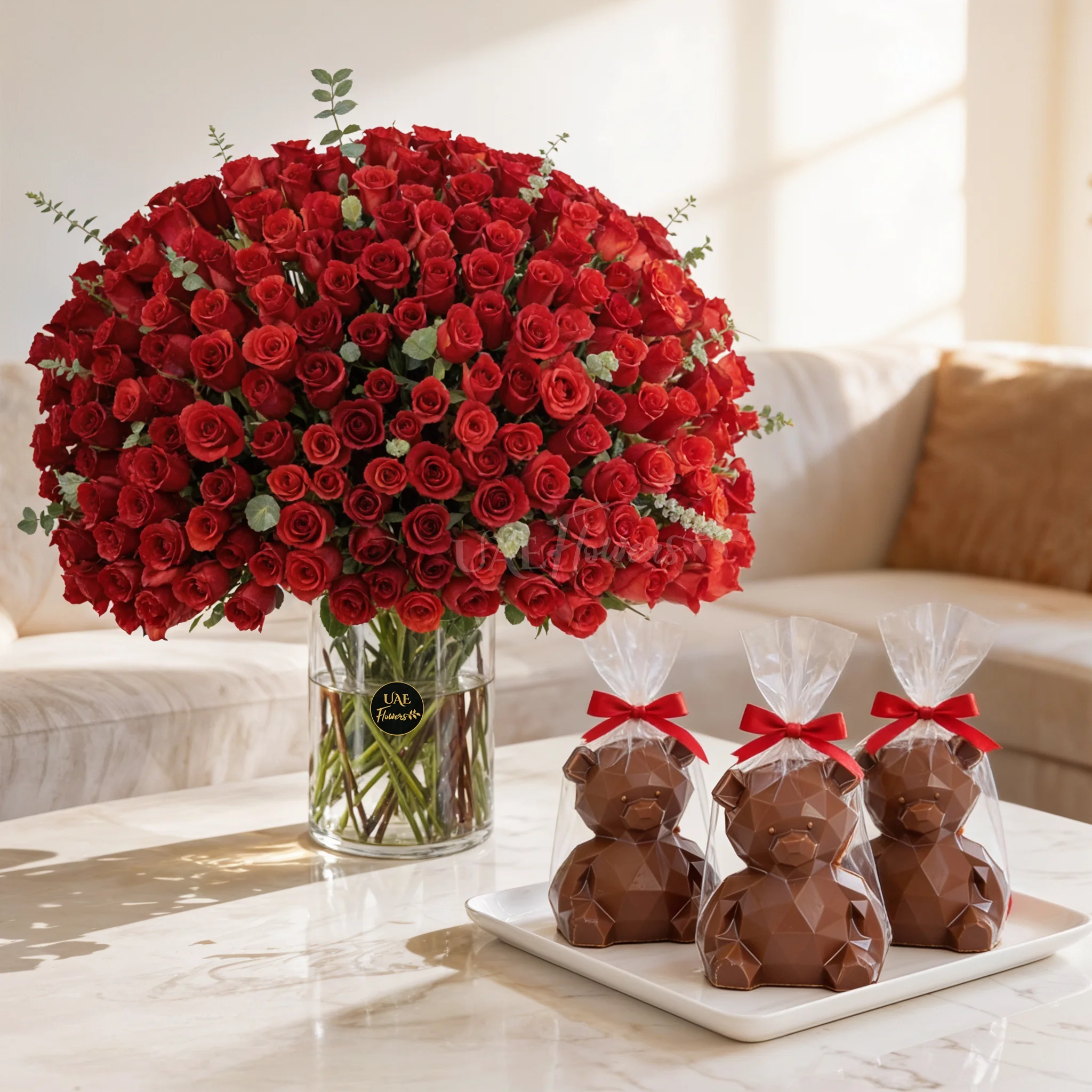 200 Red Roses With Chocolate Teddy