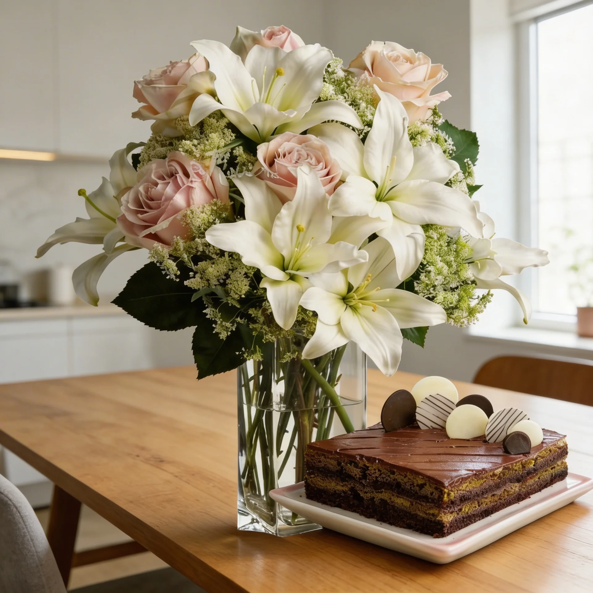 White Lilies & Pink Roses Vase with Pistachio Nutella Cake