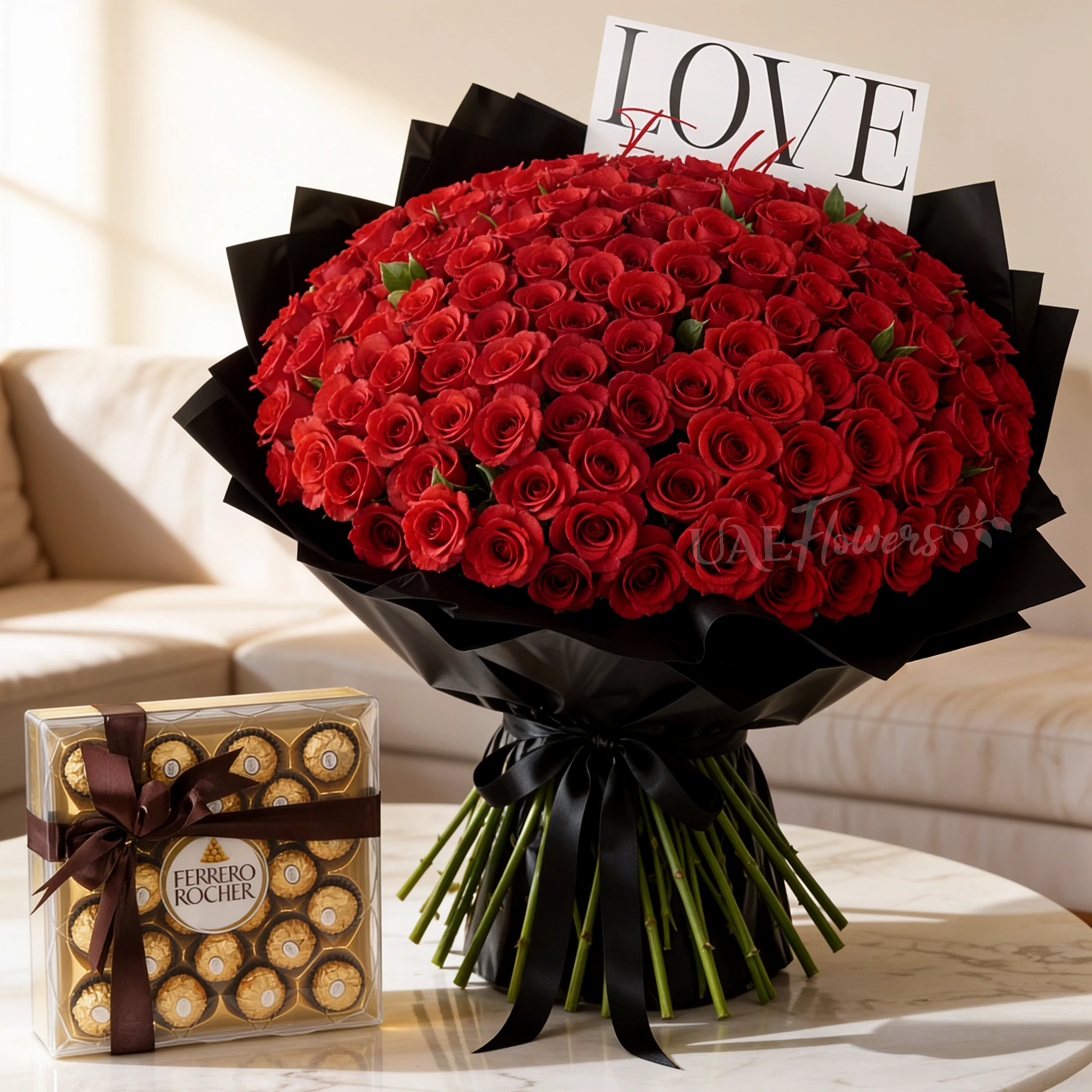 Bouquet of 200 red roses in black wrapping and 24pcs of Ferrero rocher chocolate.