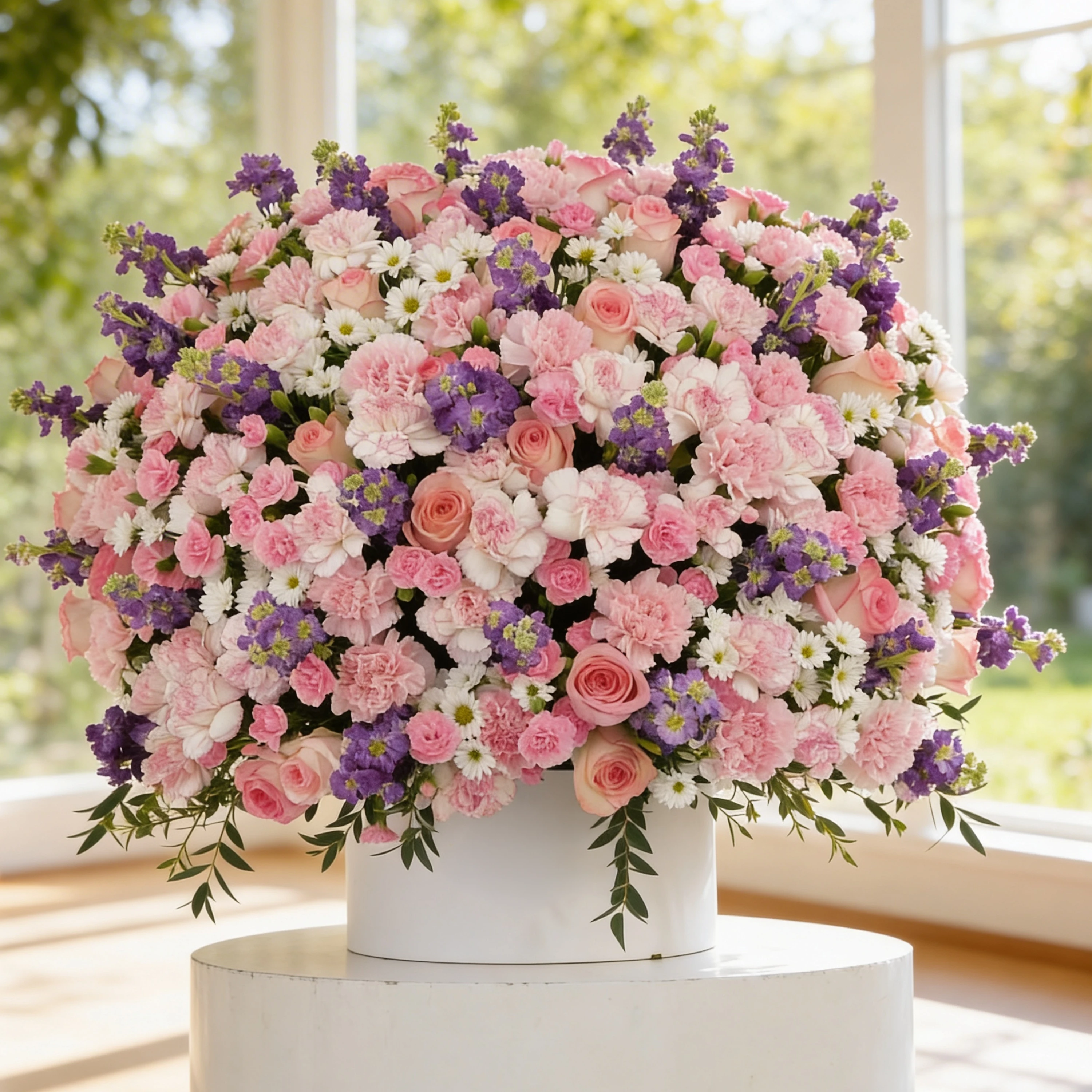 50 pink carnations, 50 pink roses, 20 pink spray carnations, 20 purple matthiola and 10 white chrysanthemums with green fillers in a round white box.