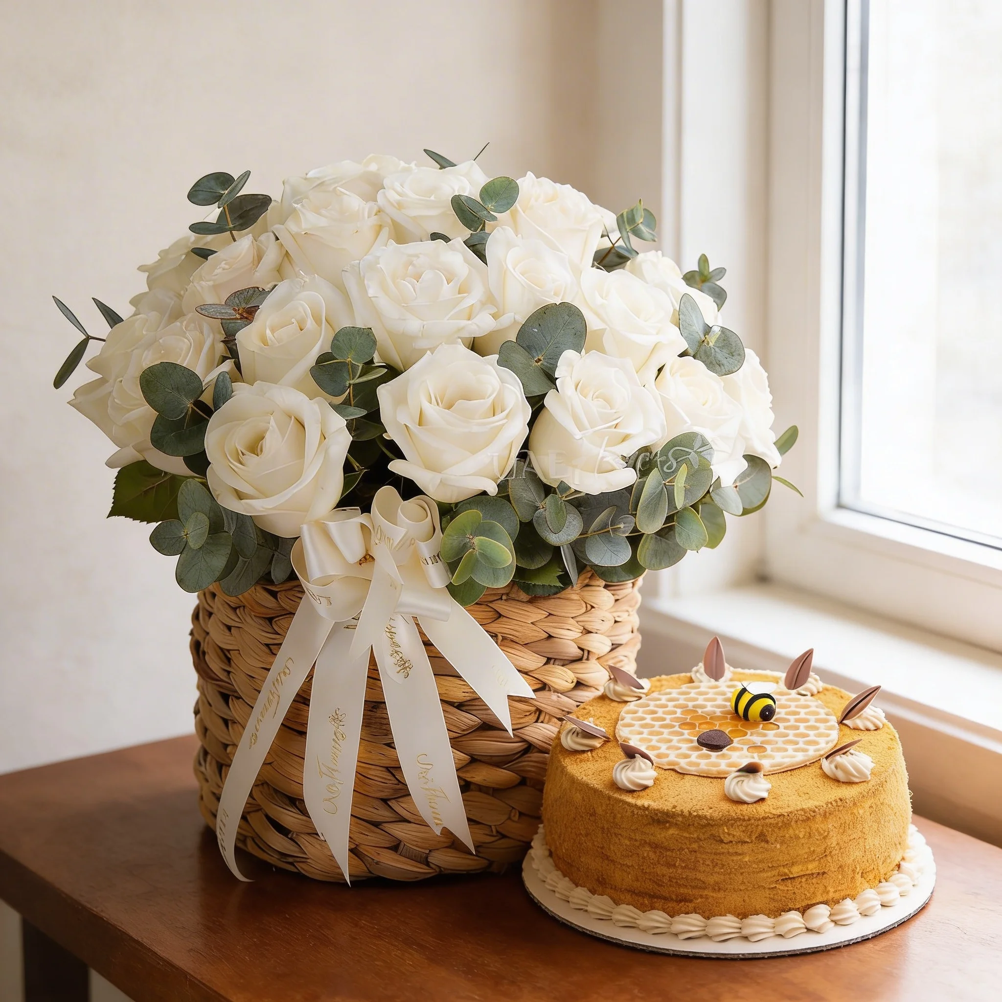 White roses basket arrangement with honey cake gift combo for same day delivery in Dubai Abu Dhabi Sharjah UAE