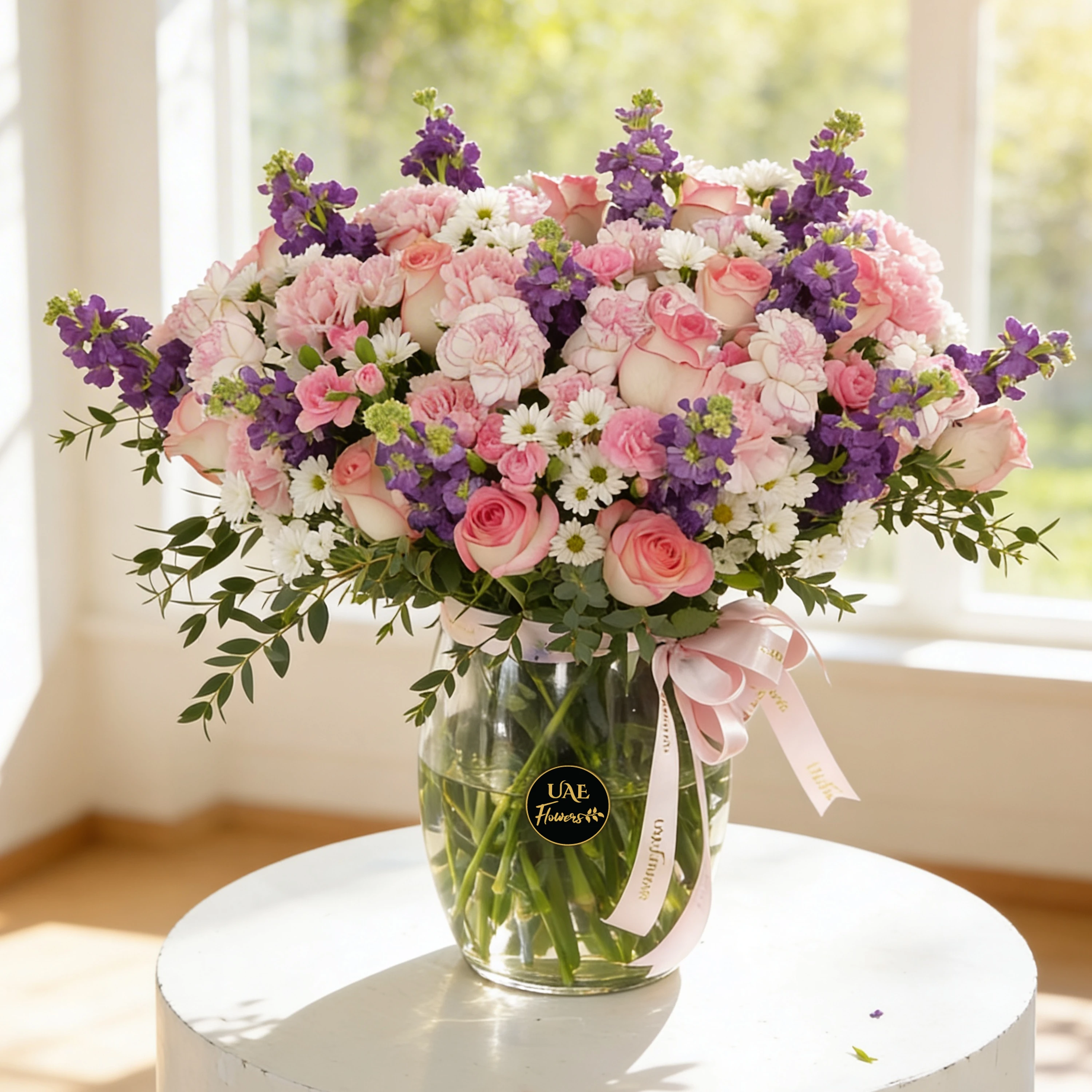 15 pink carnations, 15 pink roses, 10 pink spray carnations, 12 purple  mattiolla and 5 white chrysanthemums with green fillers in glass vase.