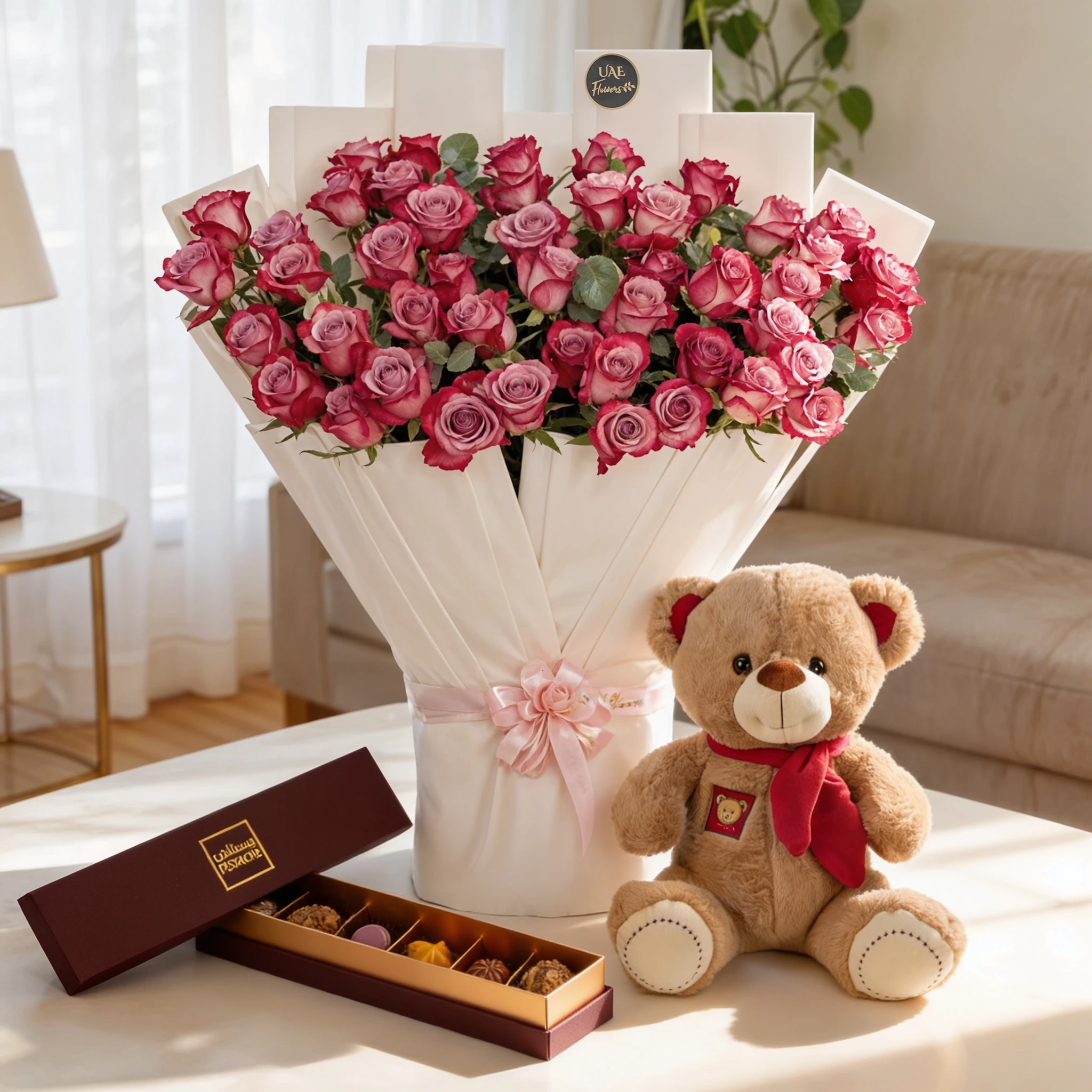 Bouquet of 40 purple roses with greens fillers tied with ribbons, small brown teddy bear and 6 Pcs Pistache Petite Indulgence Chocolate Box.
