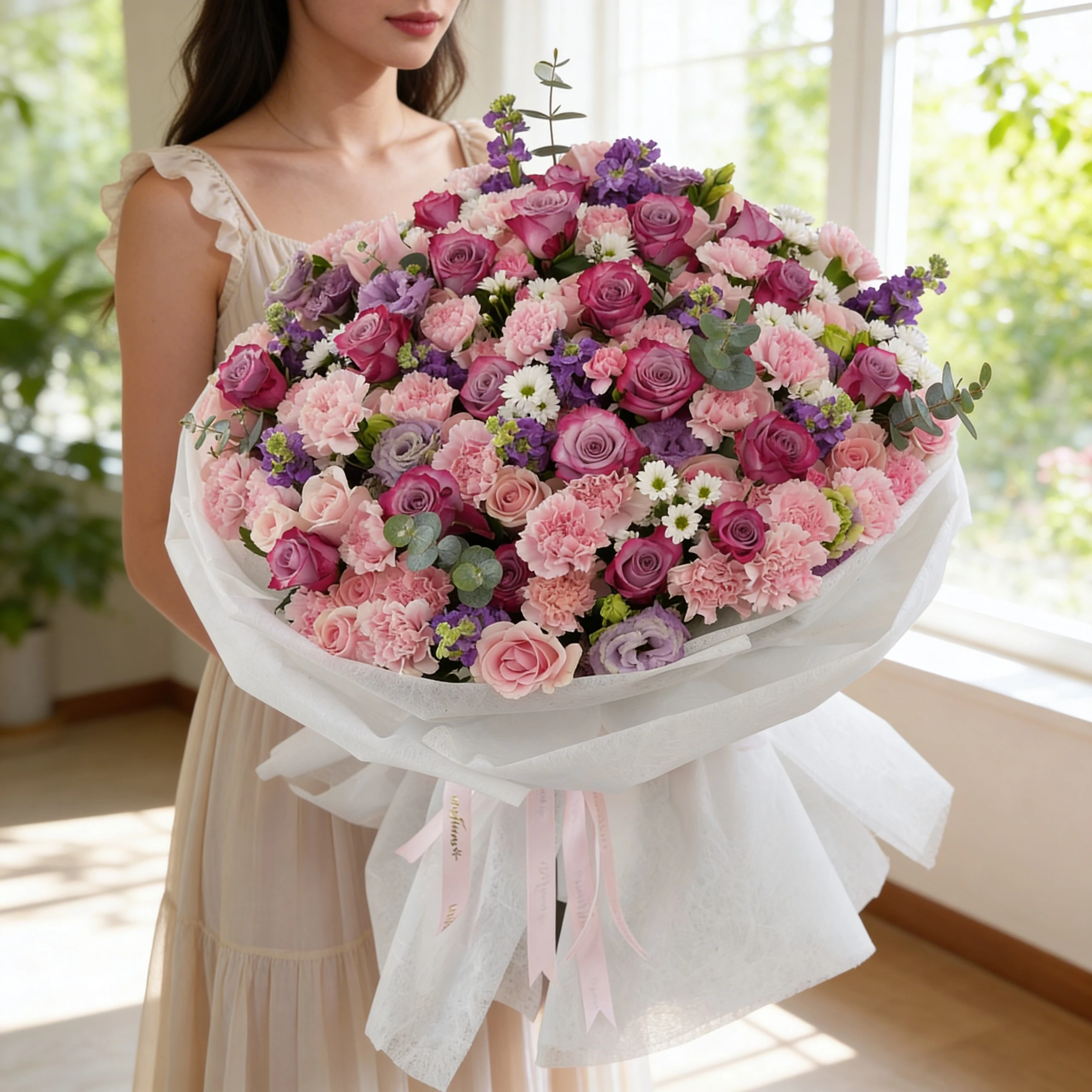 Bouquet of 10 purple matthiola, 10 white chrysanthemums, 10 purple lisianthus, 30 pink carnations, 20 purple roses and 40 pink roses with green fillers in nice wrapping.