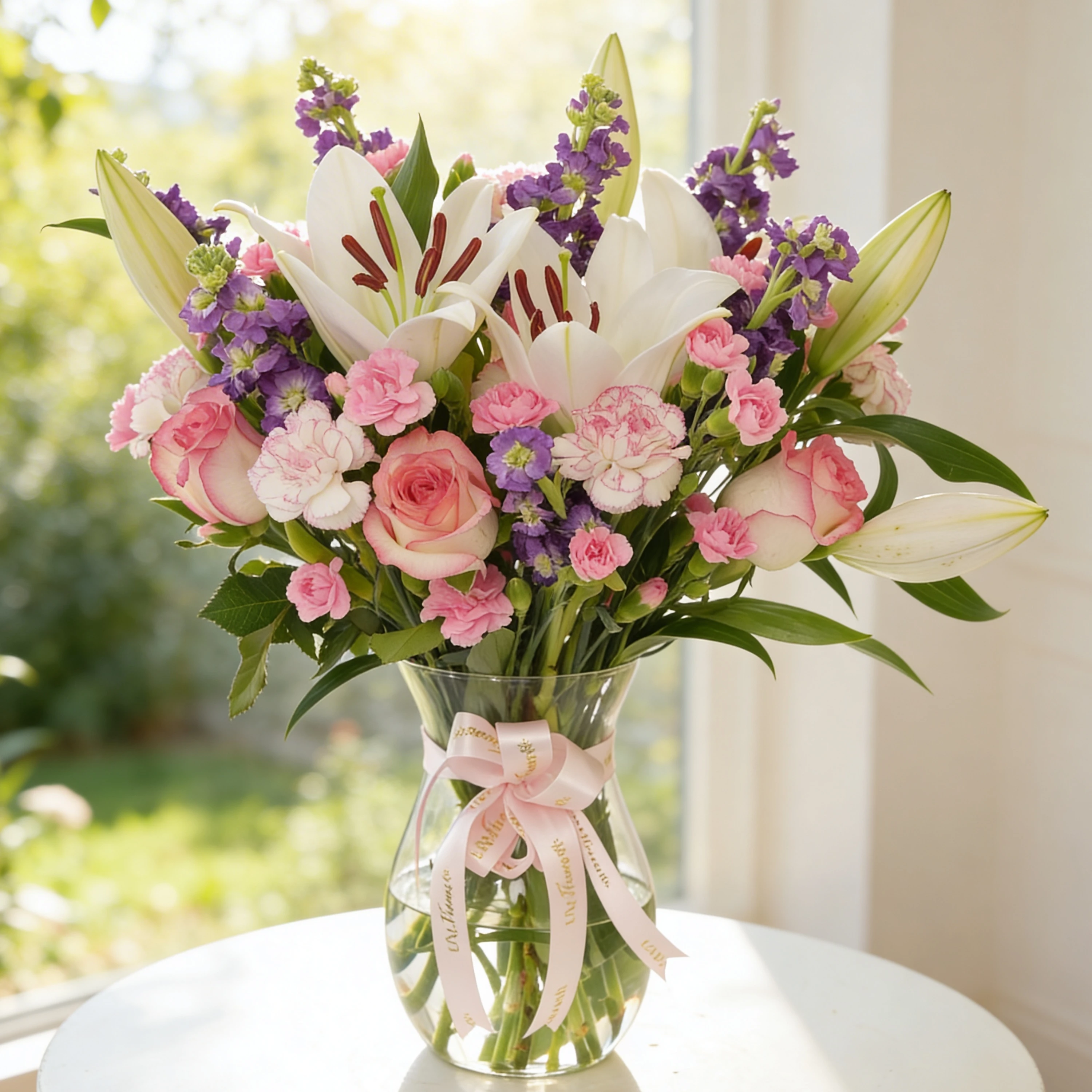 2 white lilies, 6 pink roses, 6 purple matthiola, 6 pink carnations and 4 spray pink carnations with green fillers in glass vase.