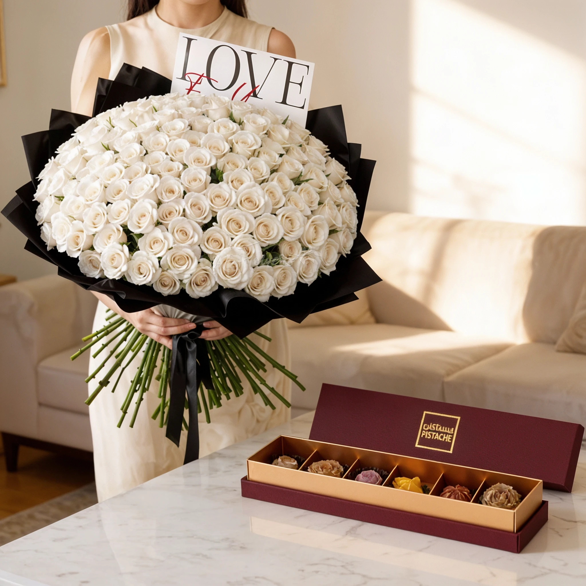 Bouquet of 150 white roses in black wrapping and 6 Pcs Pistache Petite Indulgence Chocolate Box.