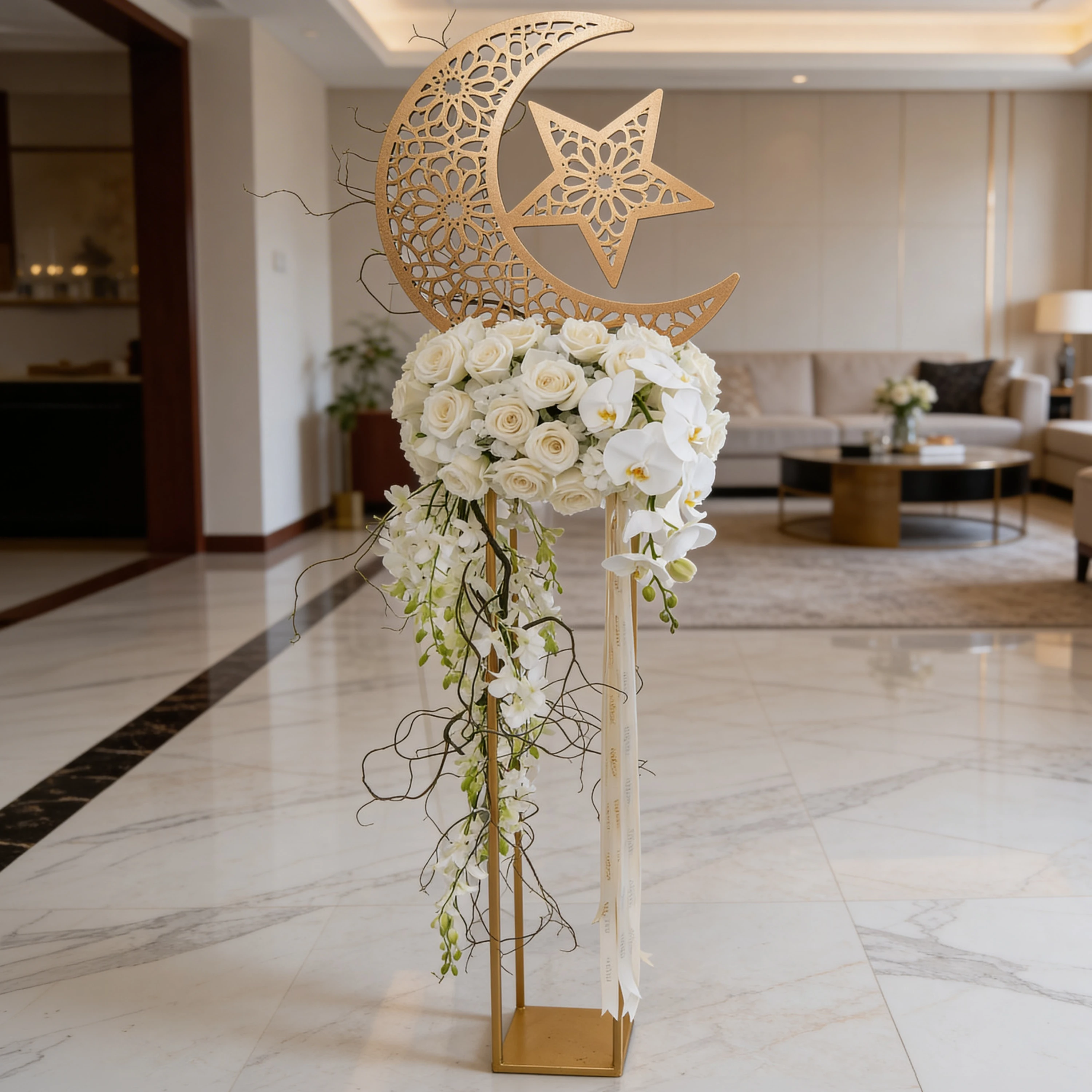 Stand arrangement of 20 white roses, 2 white hydrangeas, 10 white orchids and 1 white phalaenopsis orchid with ribbons and crescent moon.