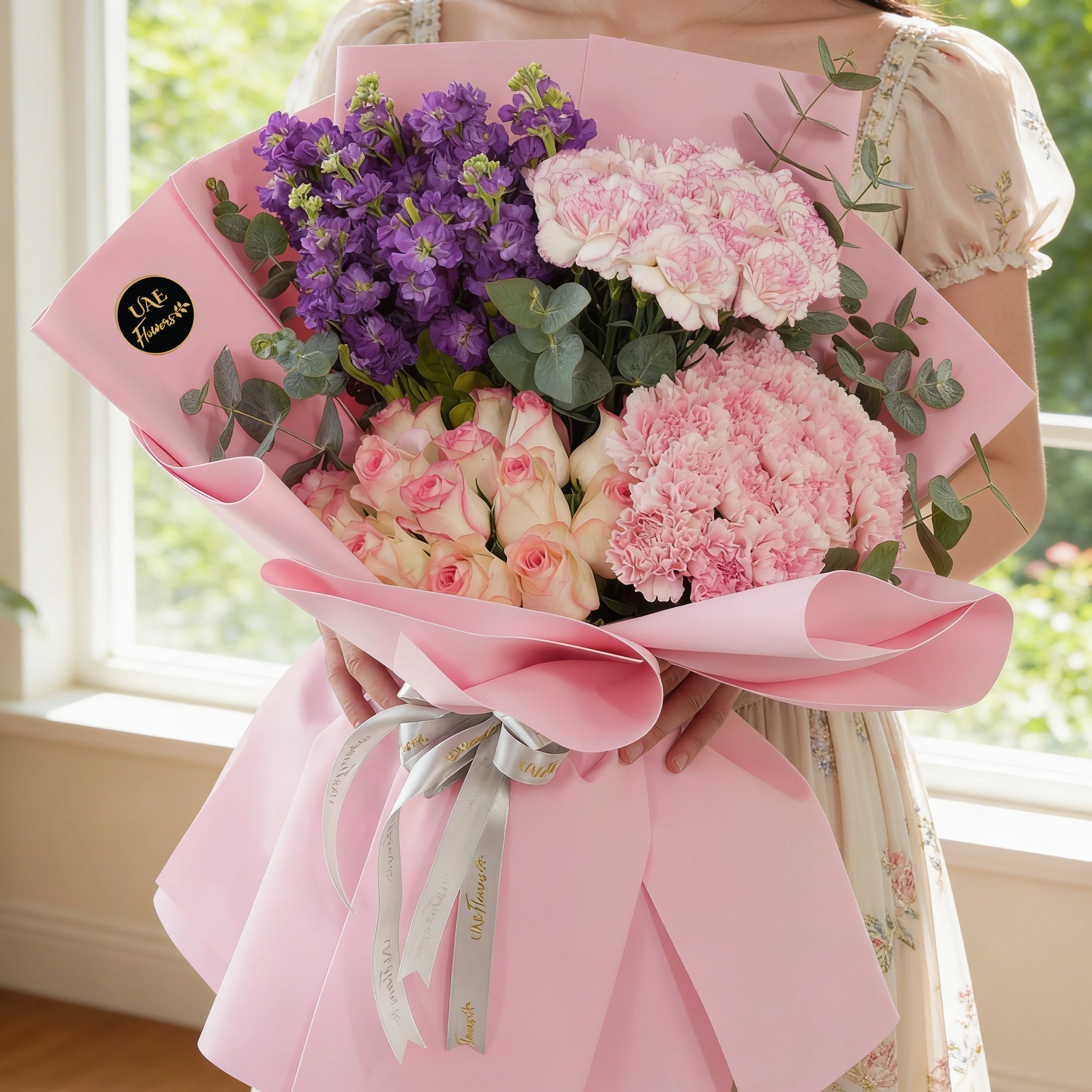 Bouquet of 25 pink carnations, 15 pink Roses and 10 purple matthiola with green fillers in pink wrapping.