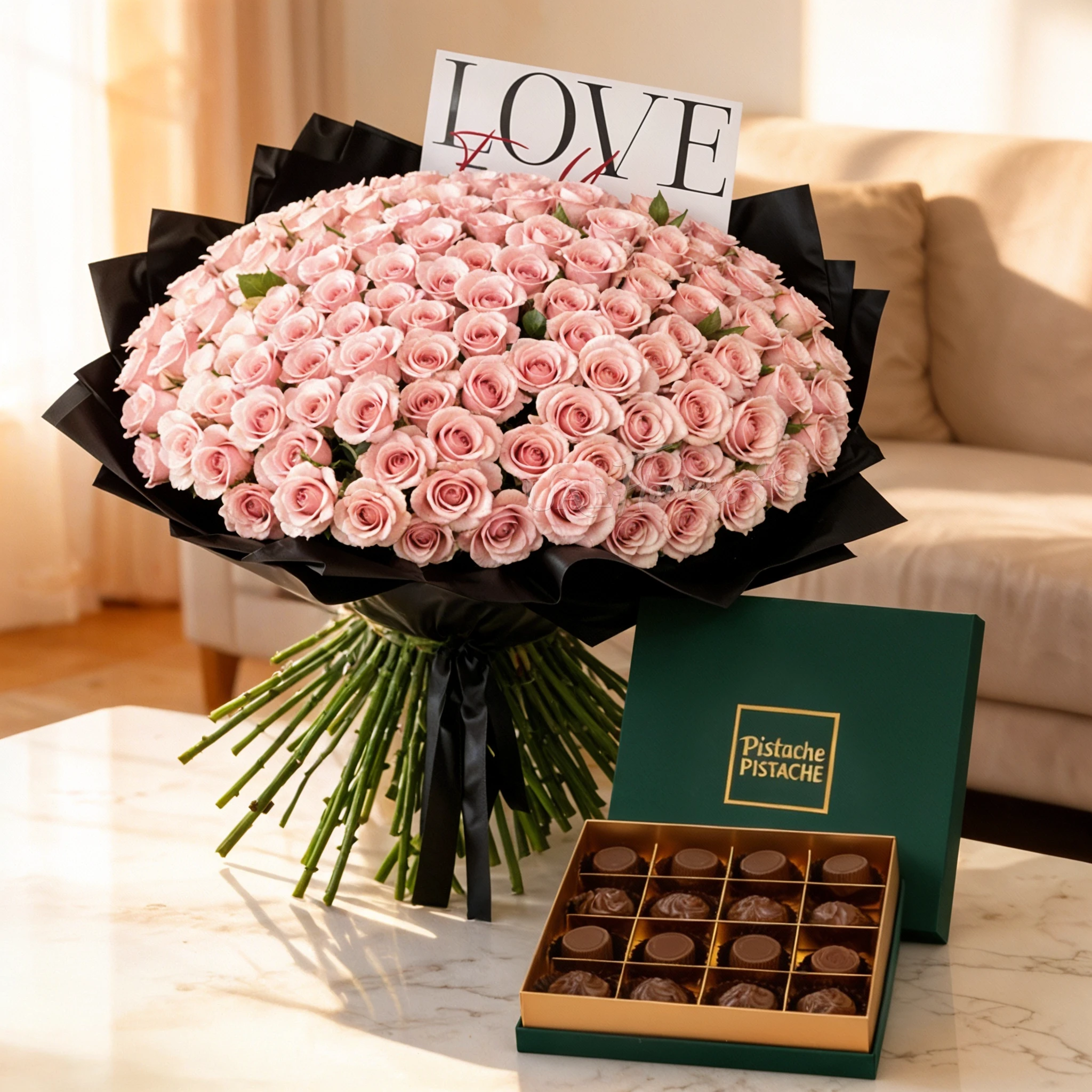 Bouquet of 150 pink roses in black wrapping and 16 Pcs Pistache Classic Selection Chocolate Box.