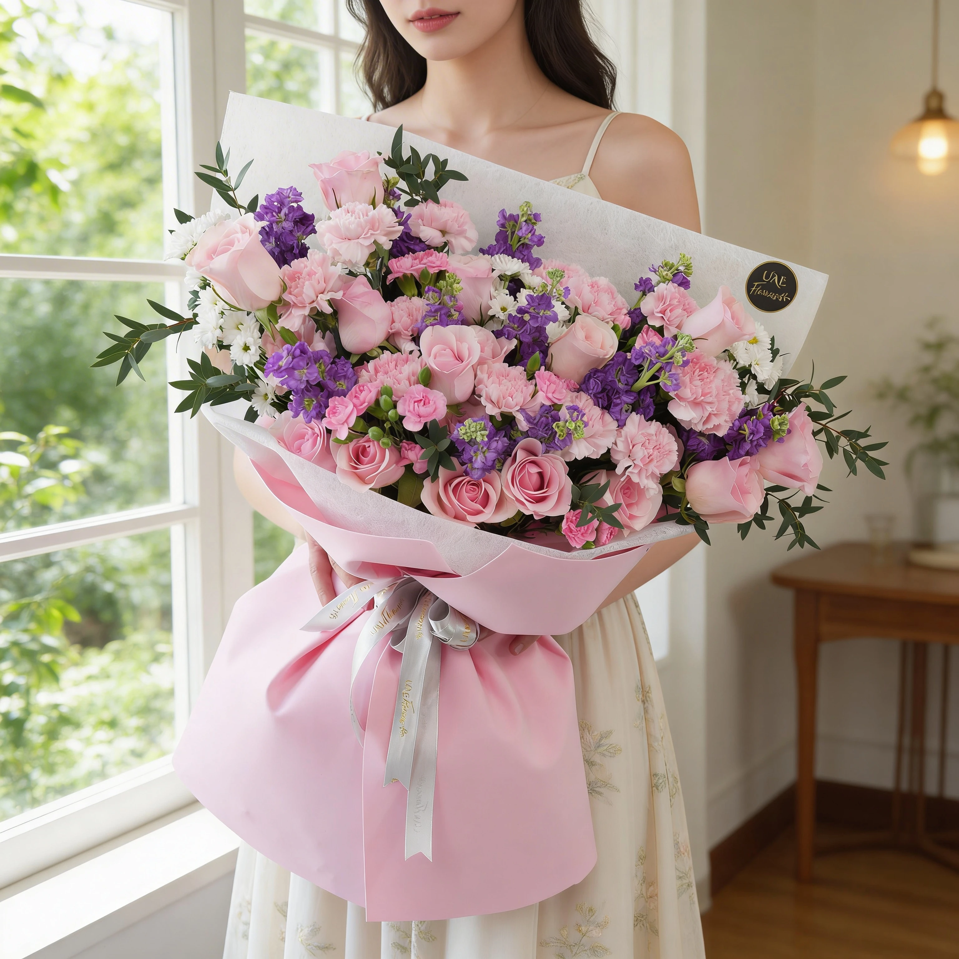 Bouquet of 10 purple matthiola, 12 pink roses, 10 pink carnations, 5 pink spray carnations, 5 white chrysanthemums with green fillers in pink wrapping.