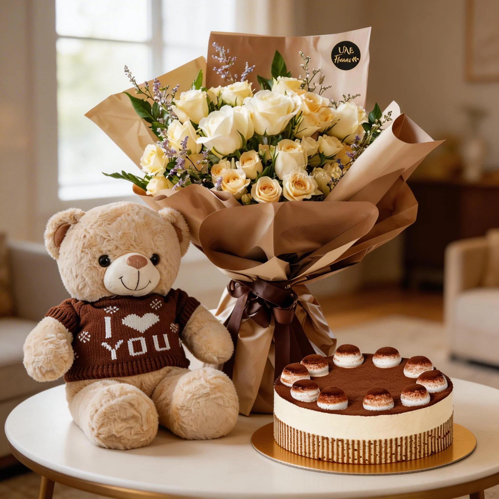 White & Peach Roses with Teddy and Tiramisu Cake