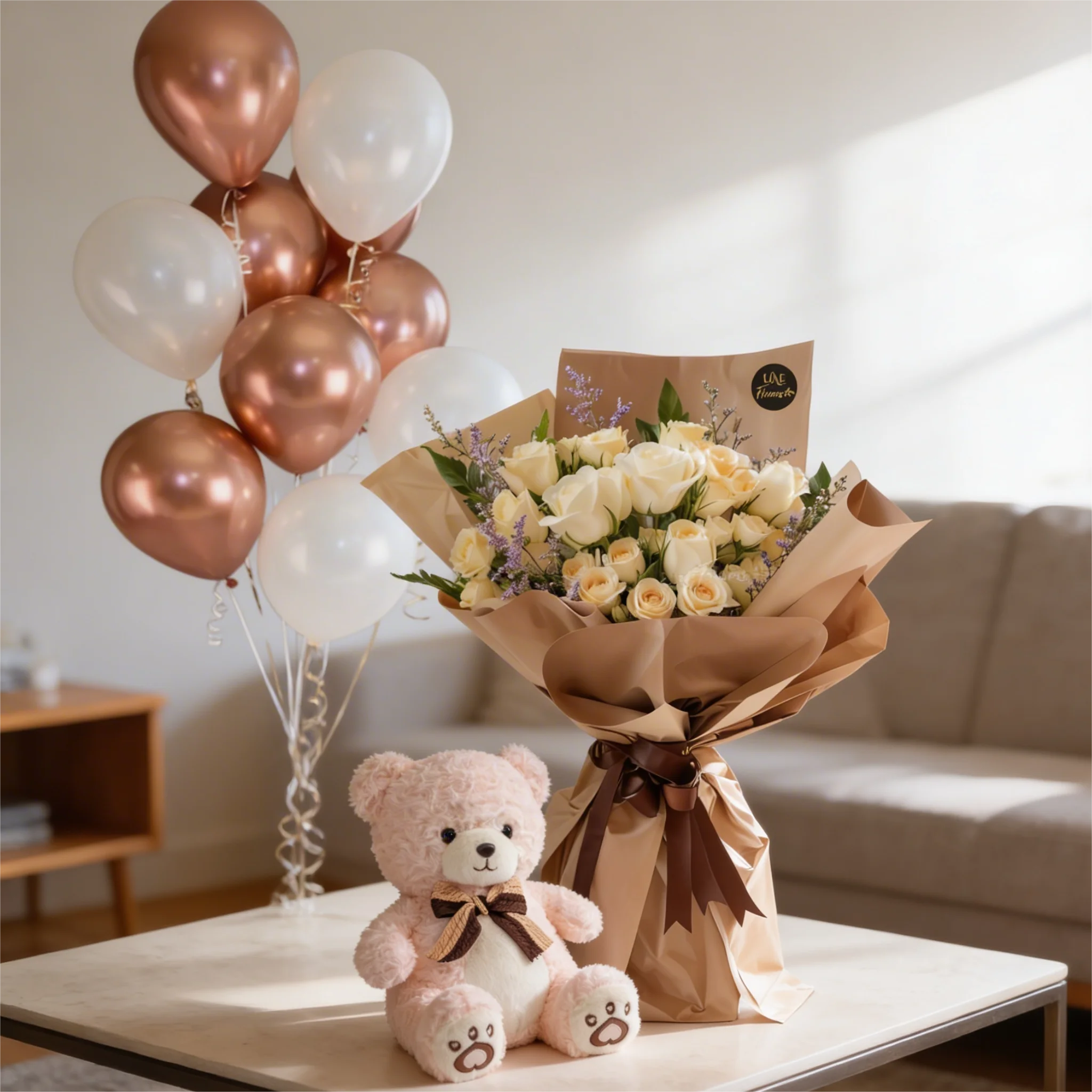 White & Peach Roses with Teddy and Balloons