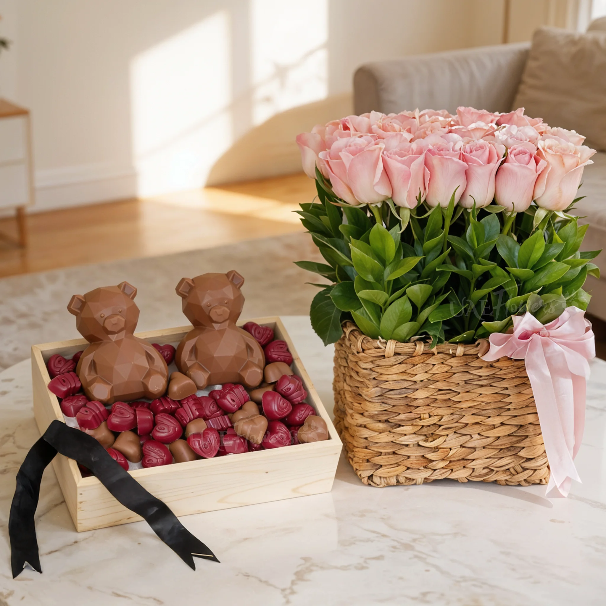 36 pink roses with 2 pieces of teddy chocolate (200 gms total) and 650 gms of assorted chocolates