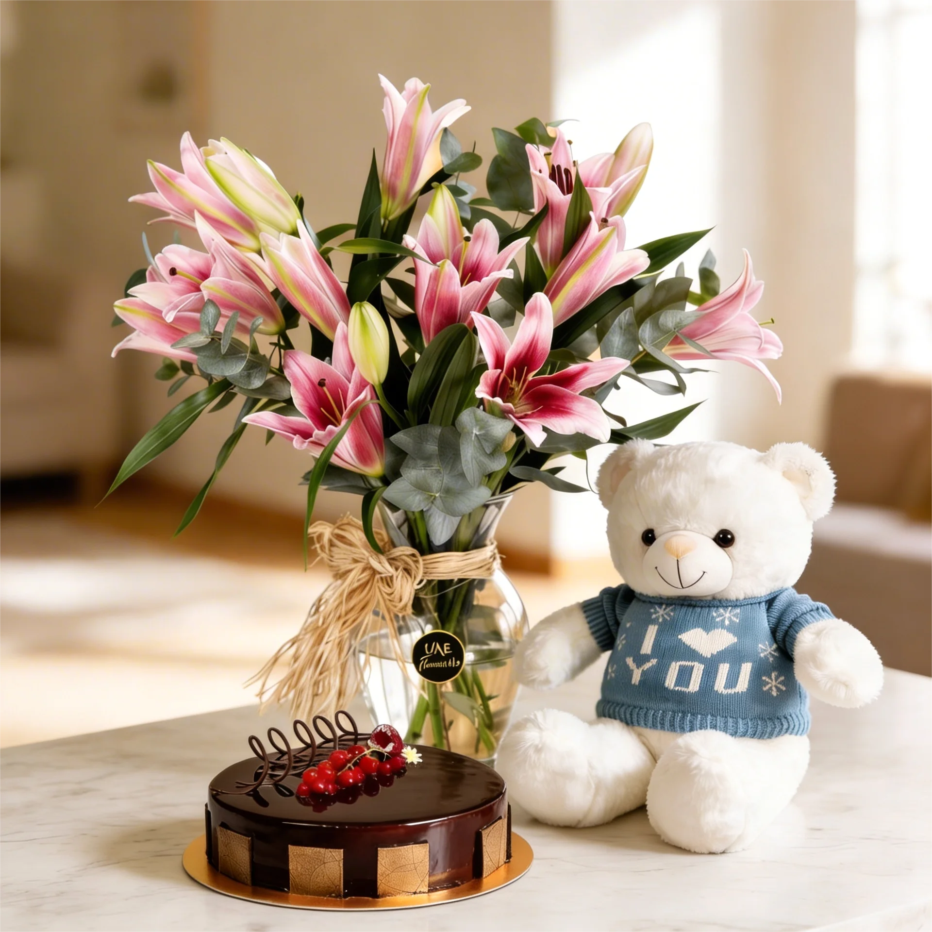 Pink Lilies with Teddy and Dark Chocolate Cake