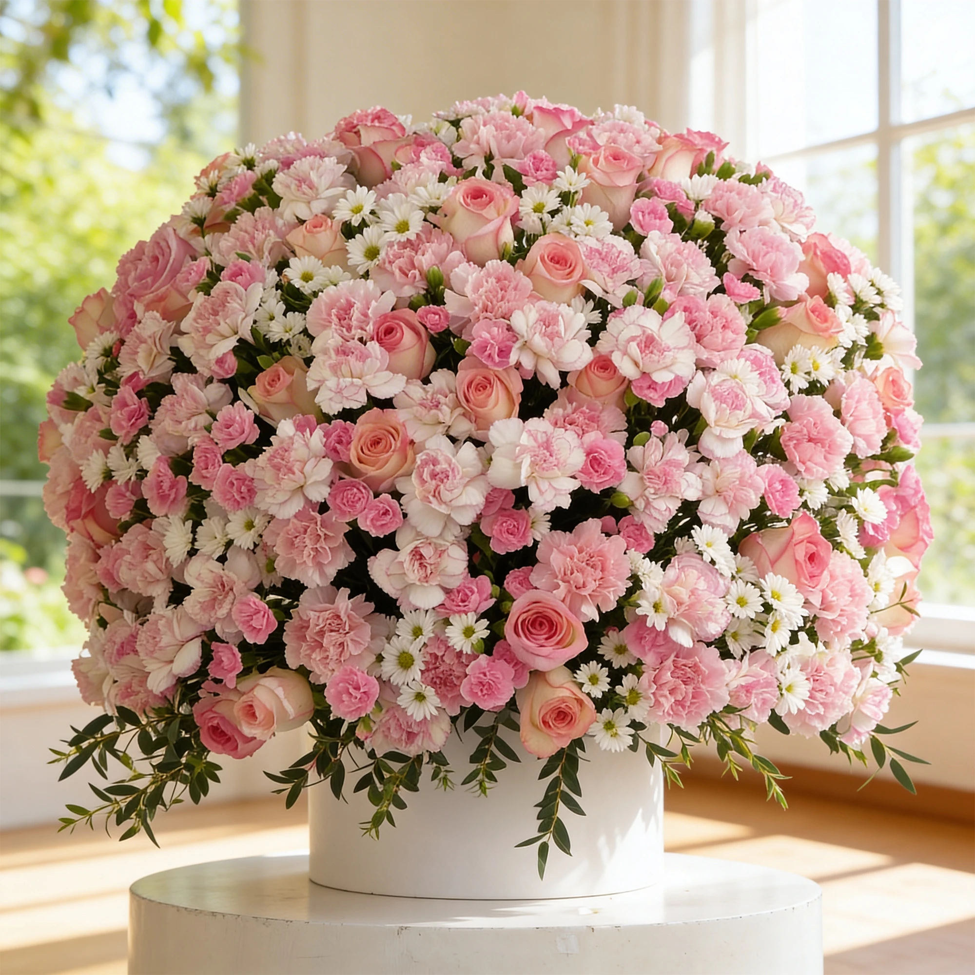 60 pink carnations, 60 pink roses, 20 pink spray carnations and 10 white chrysanthemums with green fillers in a round white box.