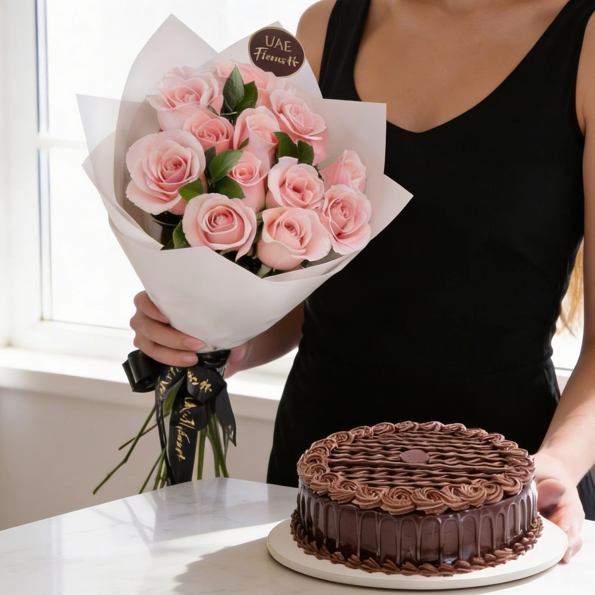 12 Pink Roses & 1Kg Triple Chocolate Cake