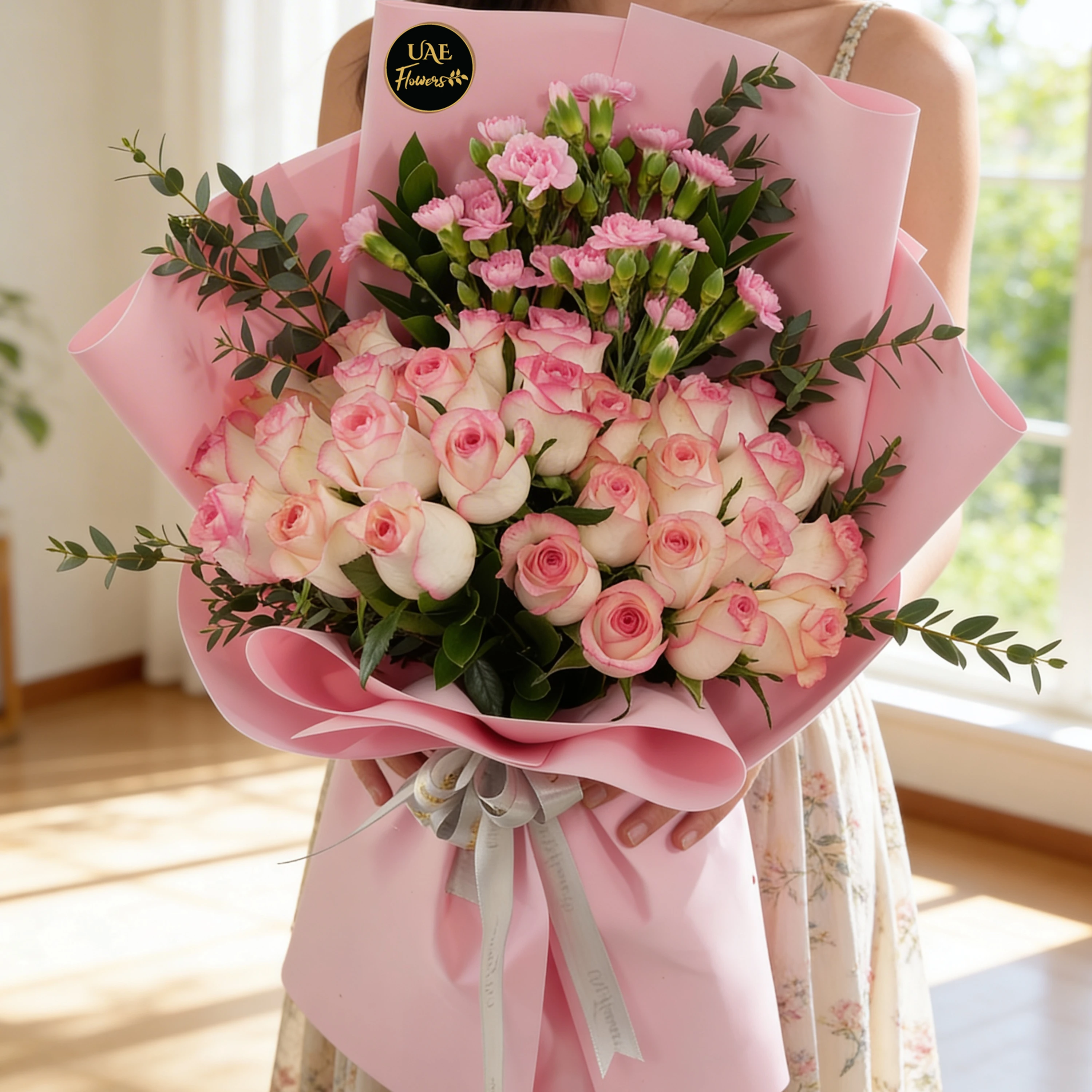 Bouquet of 30 pink roses and 5 pink spray carnations with green fillers in pink wrapping.