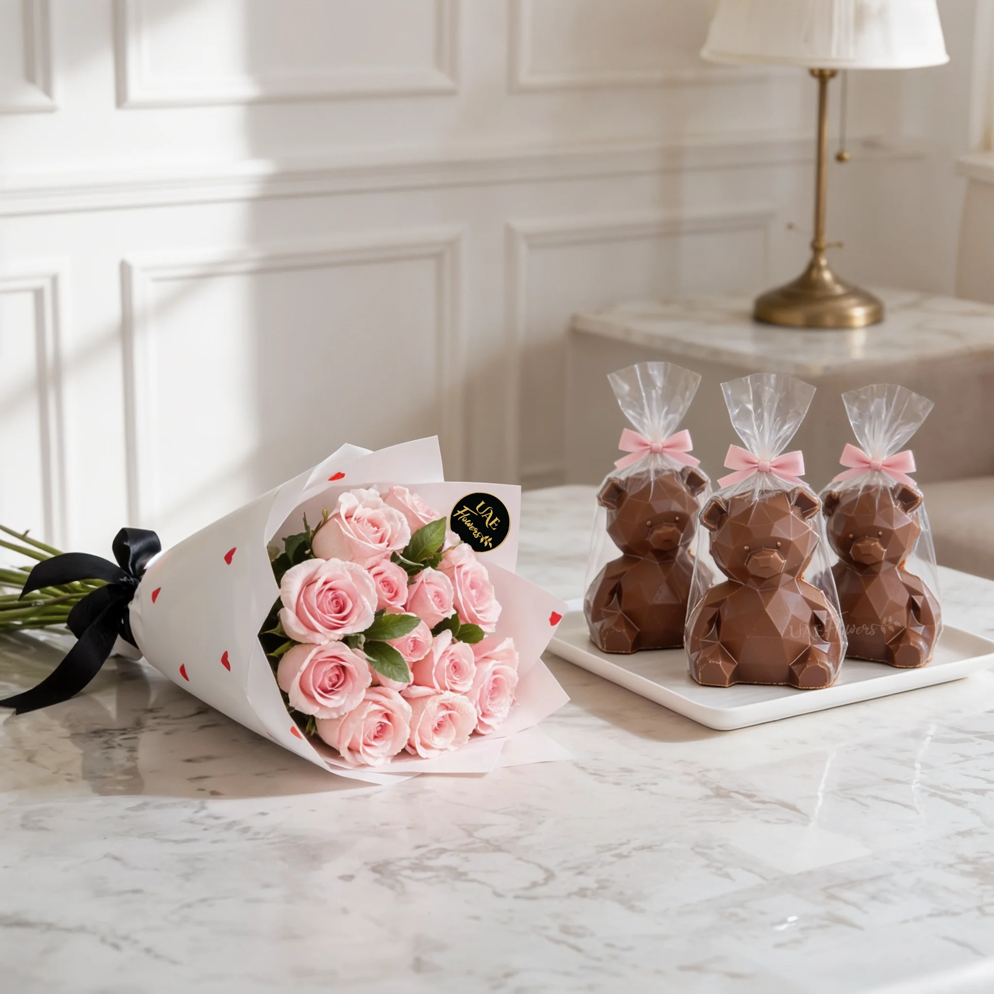 Order 12 Pink Roses With Teddy Chocolates