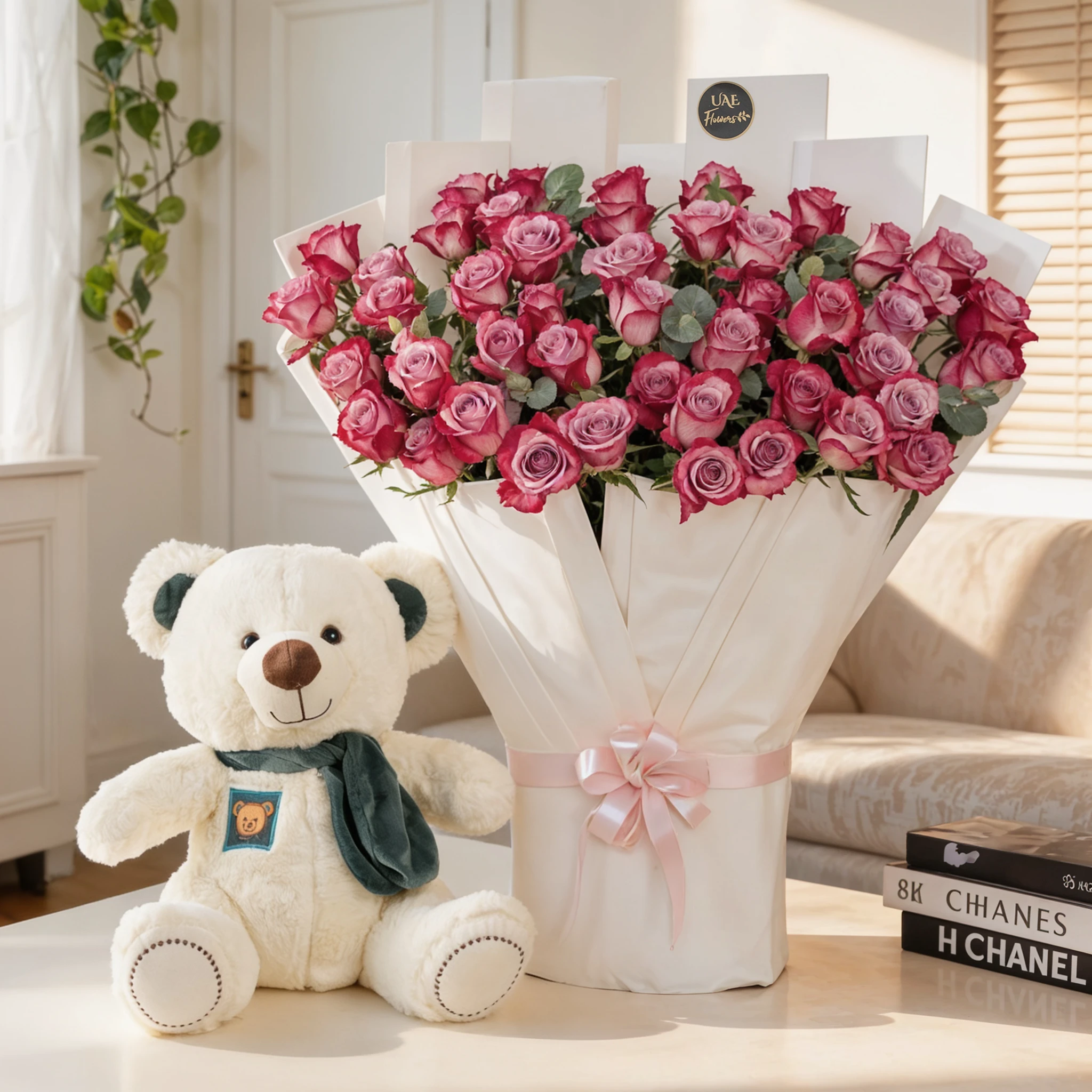 Bouquet of 40 purple roses with greens fillers tied with ribbons and small brown teddy bear.