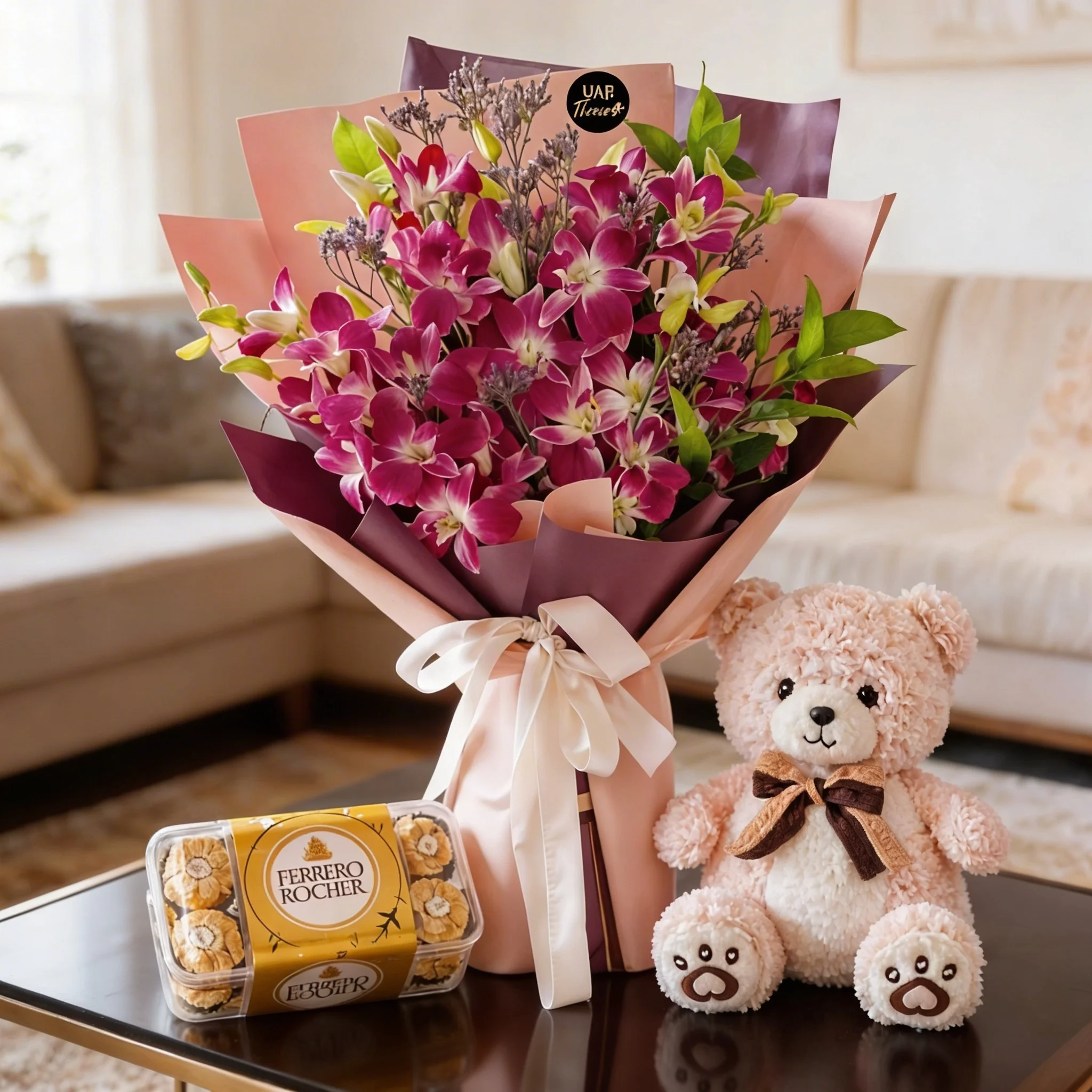 20 Purple Orchids with Teddy and Ferrero 24s