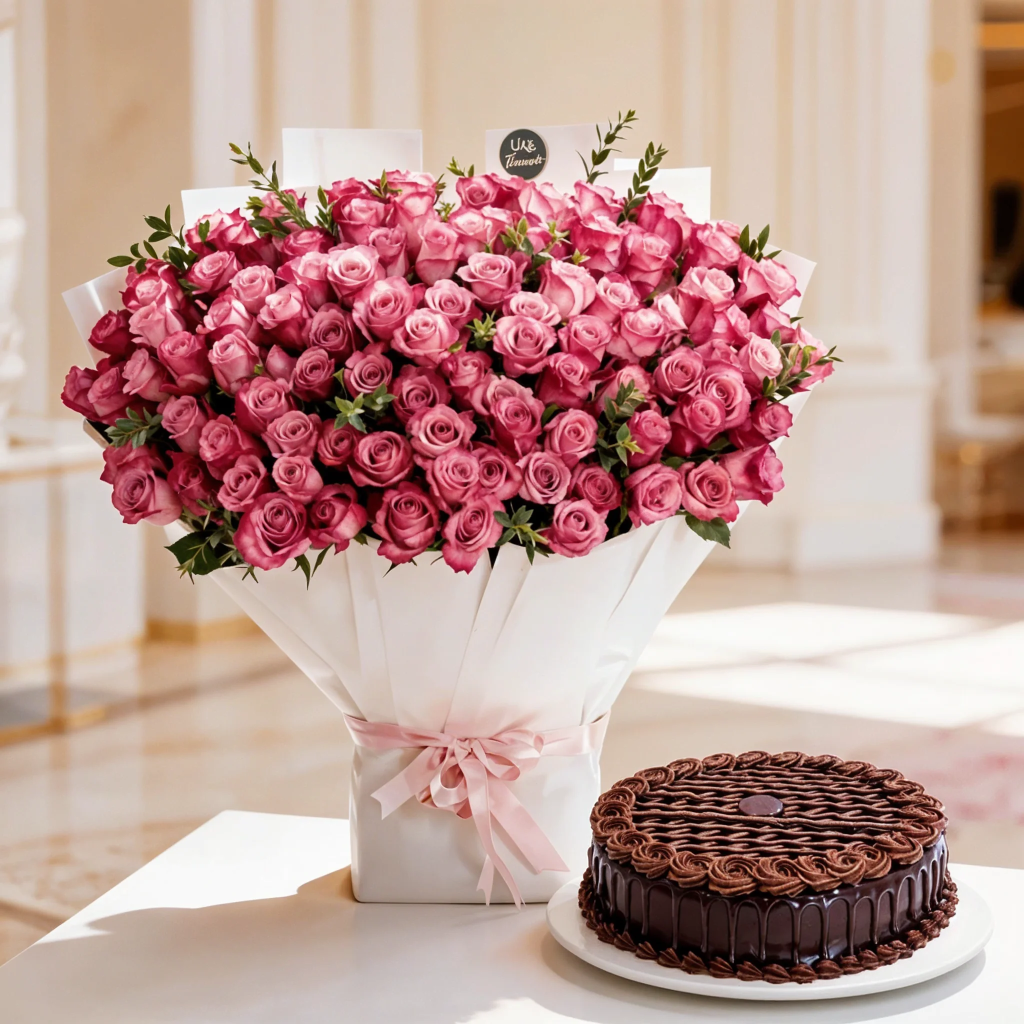 100 Purple Roses with Triple Chocolate Cake