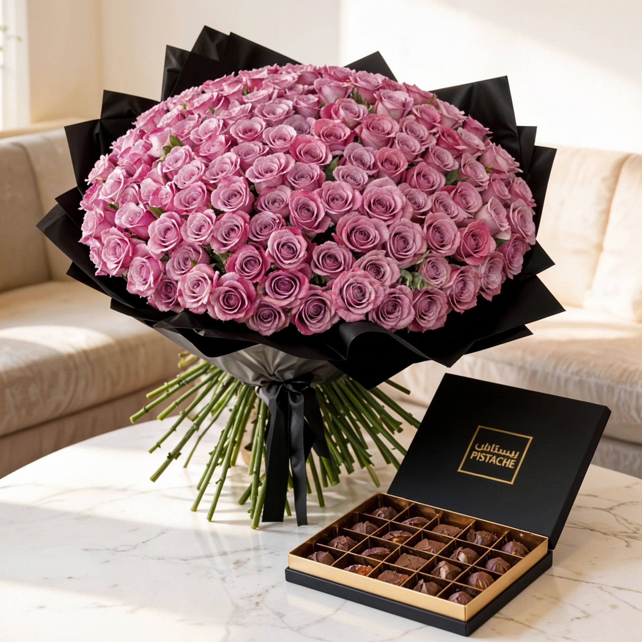 Bouquet of 150 purple roses in black wrapping and 25 Pcs Pistache Signature Temptation Chocolate Box.