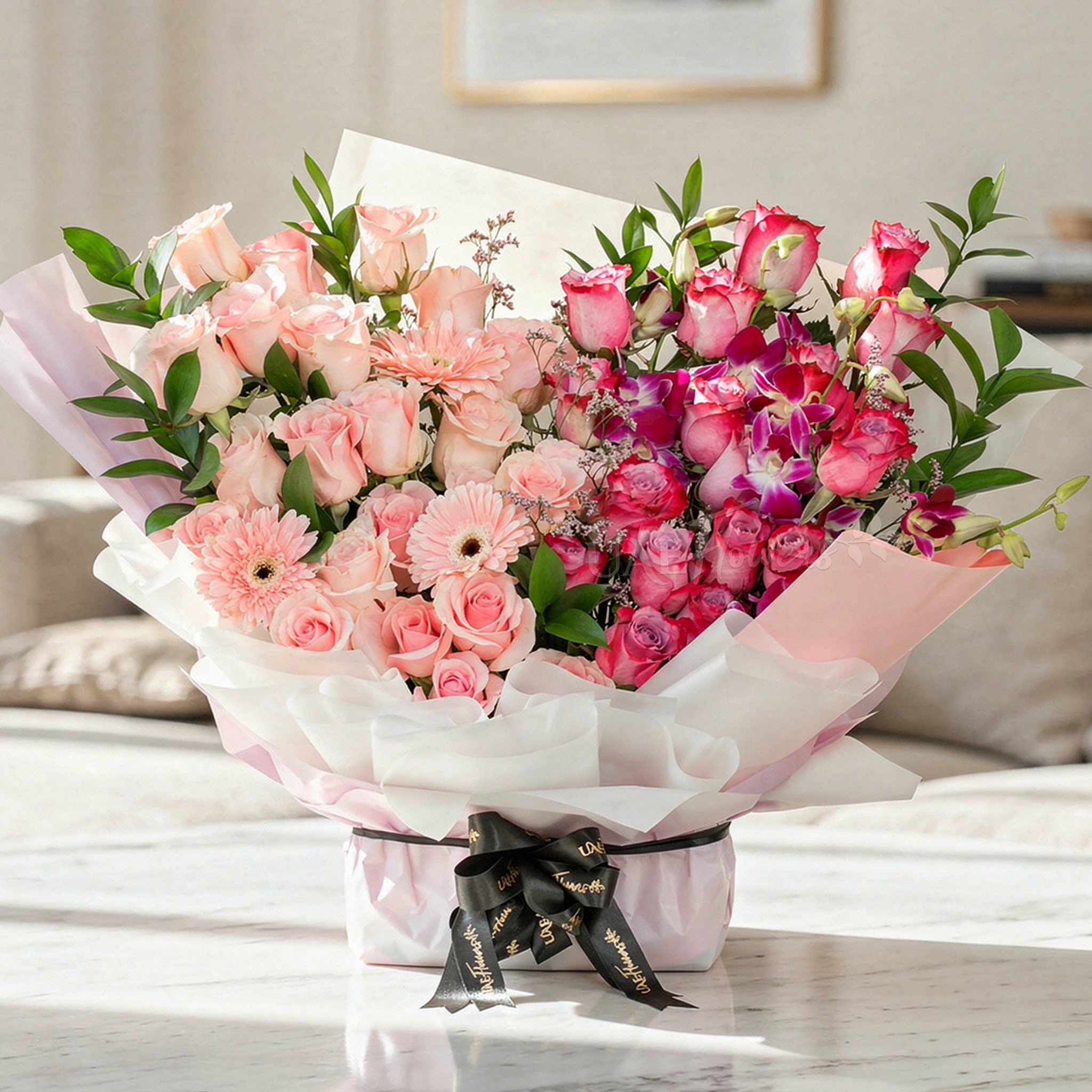 Bouquet of 20 purple roses, 20 pink roses, 6 purple orchids and 3 pink gerberas with fillers in a nice wrapping paper.