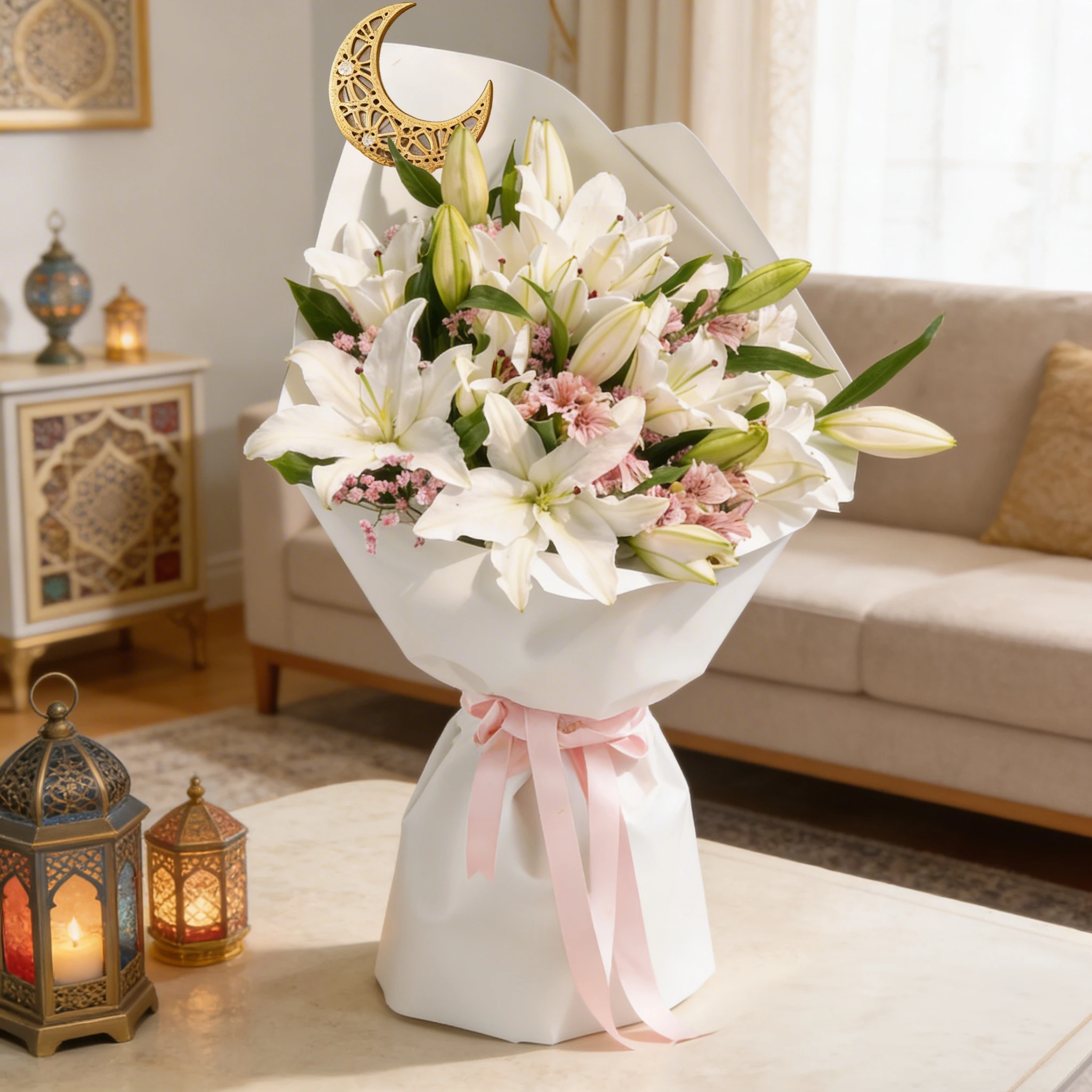 Bouquet of 5 white lilies with decorative Moon and green fillers wrapped in paper packing and tied with ribbon.
