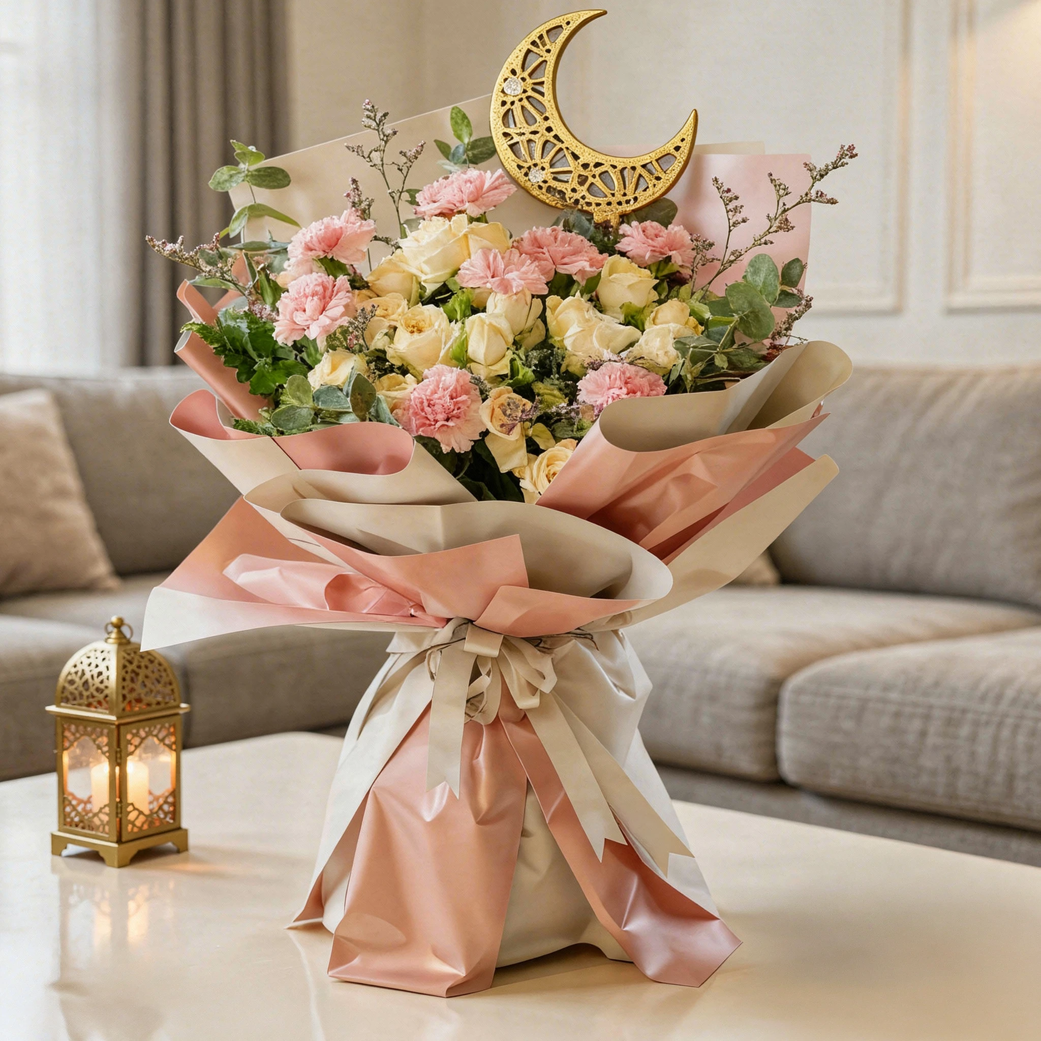 Bouquet of 8 pink carnations, 5 peach spray roses with decorative Moon and green fillers in paper packing with ribbons.