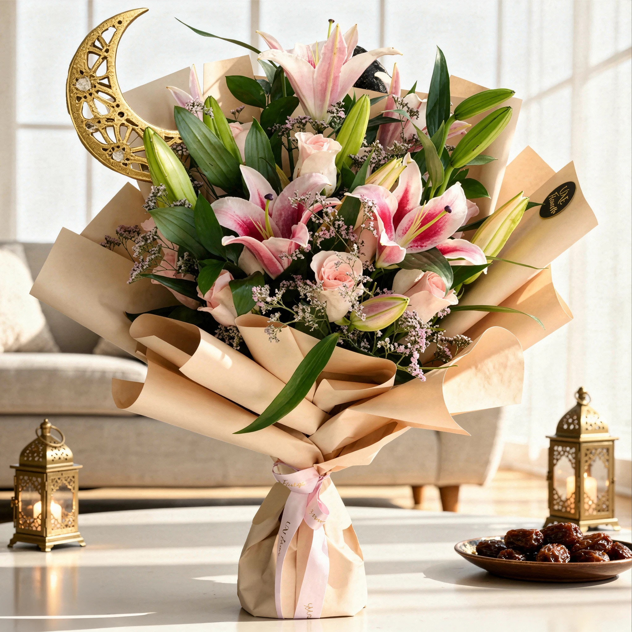 Bouquet of 3 pink lilies and 10 pink roses and decorative Moon with green fillers in nice wrapping and tied with pink ribbons.