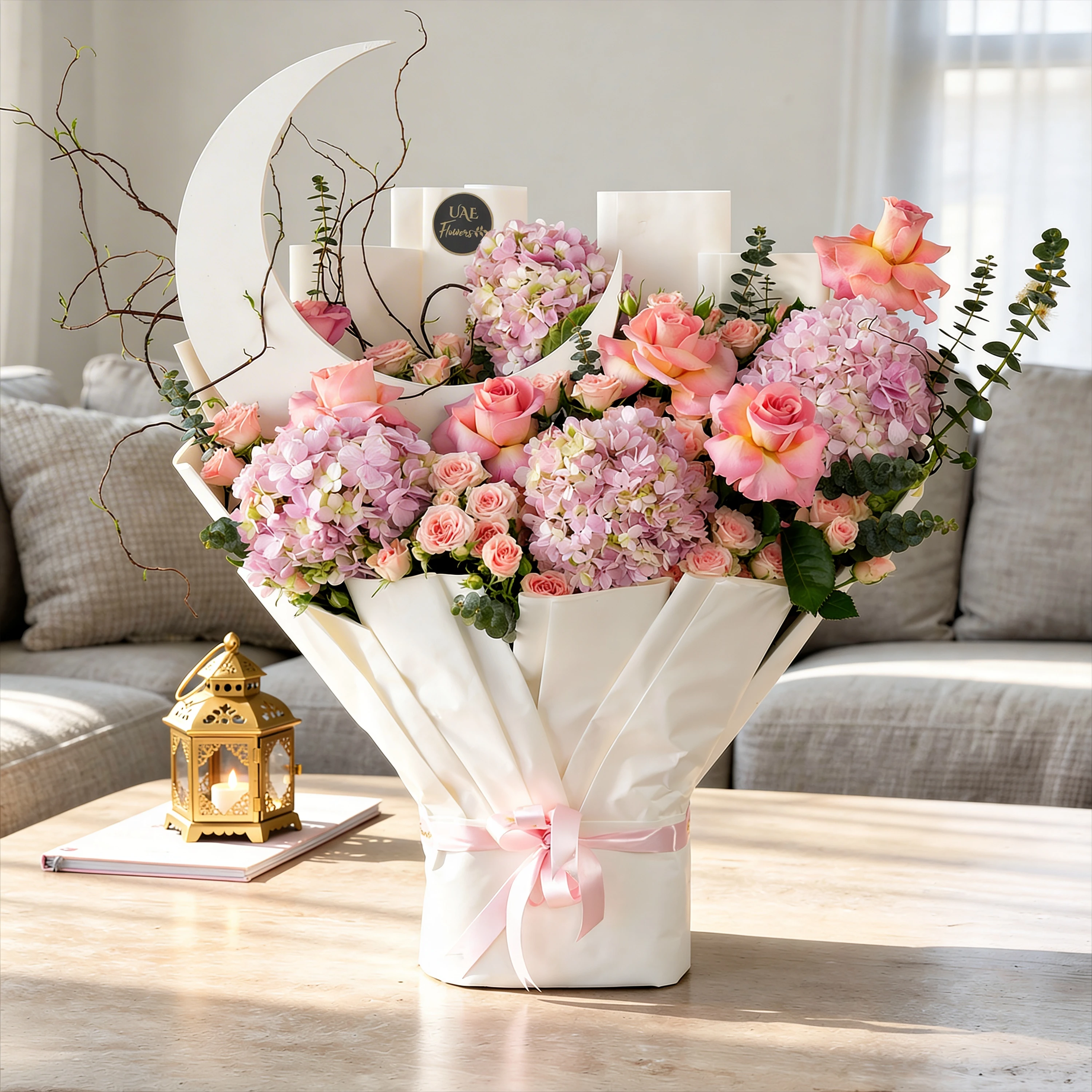 Bouquet of 4 pink hydrangeas, 5 pink roses and 5 pink spray roses with eucalyptus leaf and moon on top in white wrapping paper.