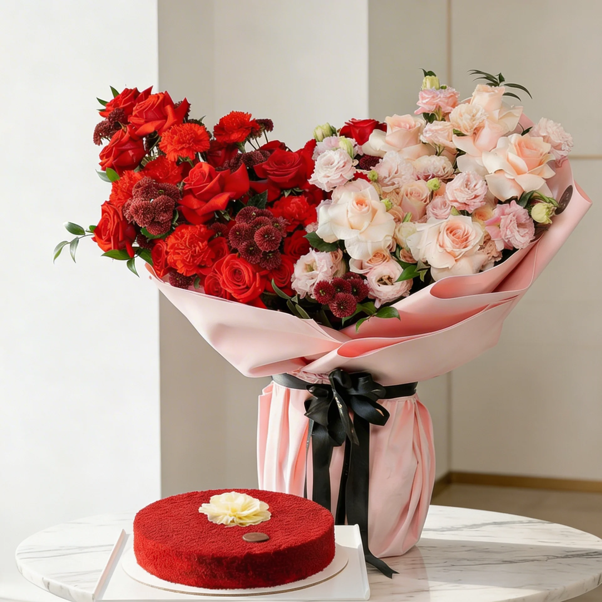 Bouquet of 20 peach roses, 5 pink lisianthus, 15 red roses, 5 red chrysanthemums and 6 red carnations with fillers in a pink wrapping paper and 1 kg Red Velvet Cake.