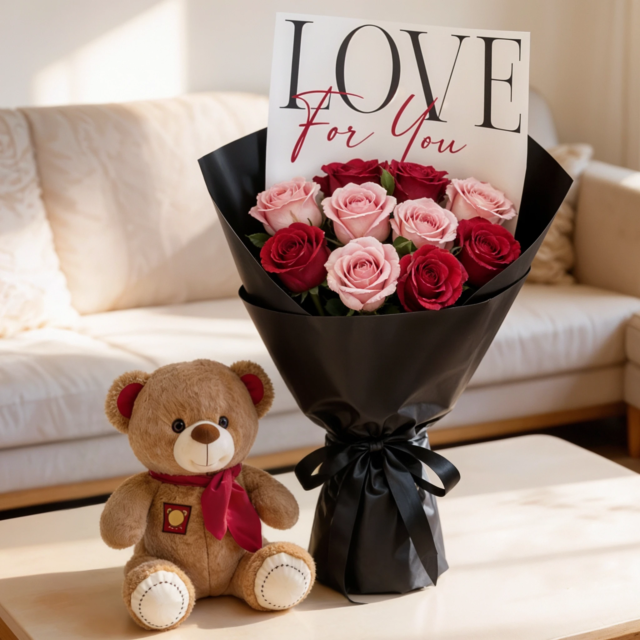 Bouquet of 5 red and 5 pink roses with filers in black wrapping with small brown teddy bear.