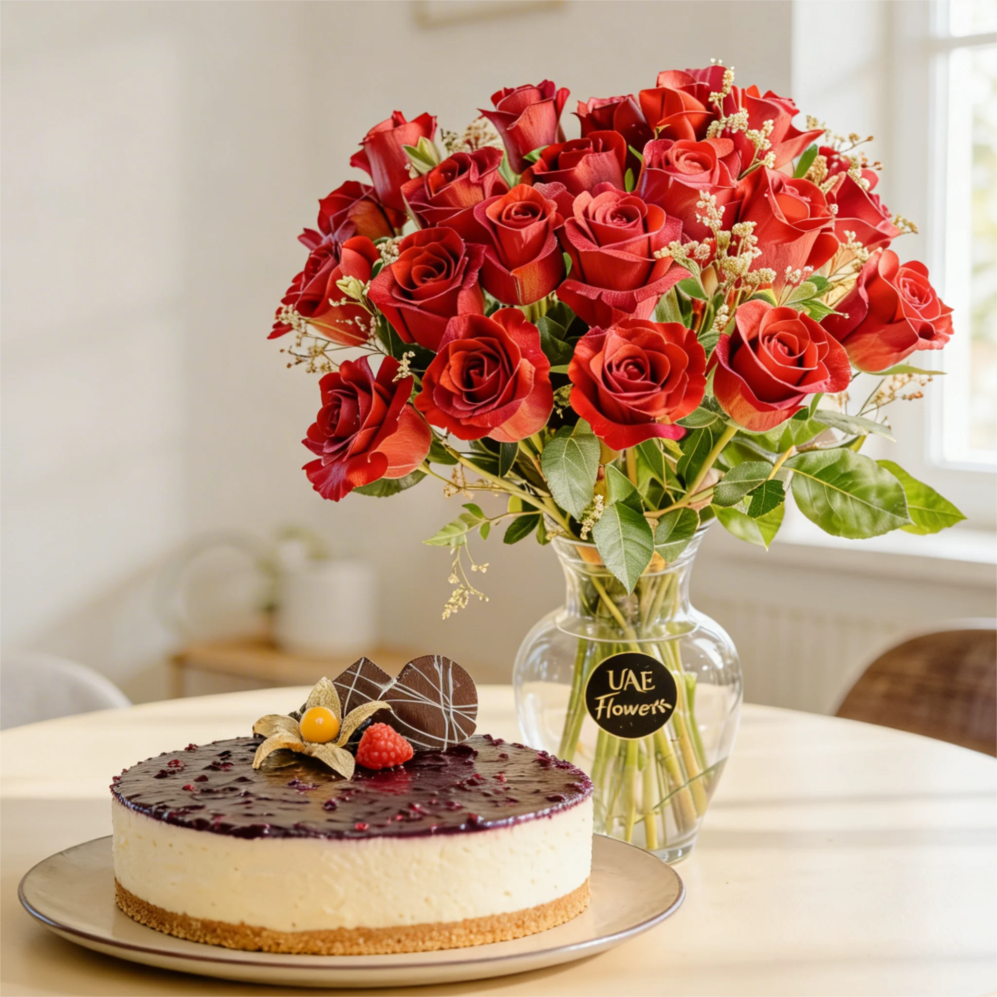 20 Red Roses Vase & Blueberry Mousse Cheesecake