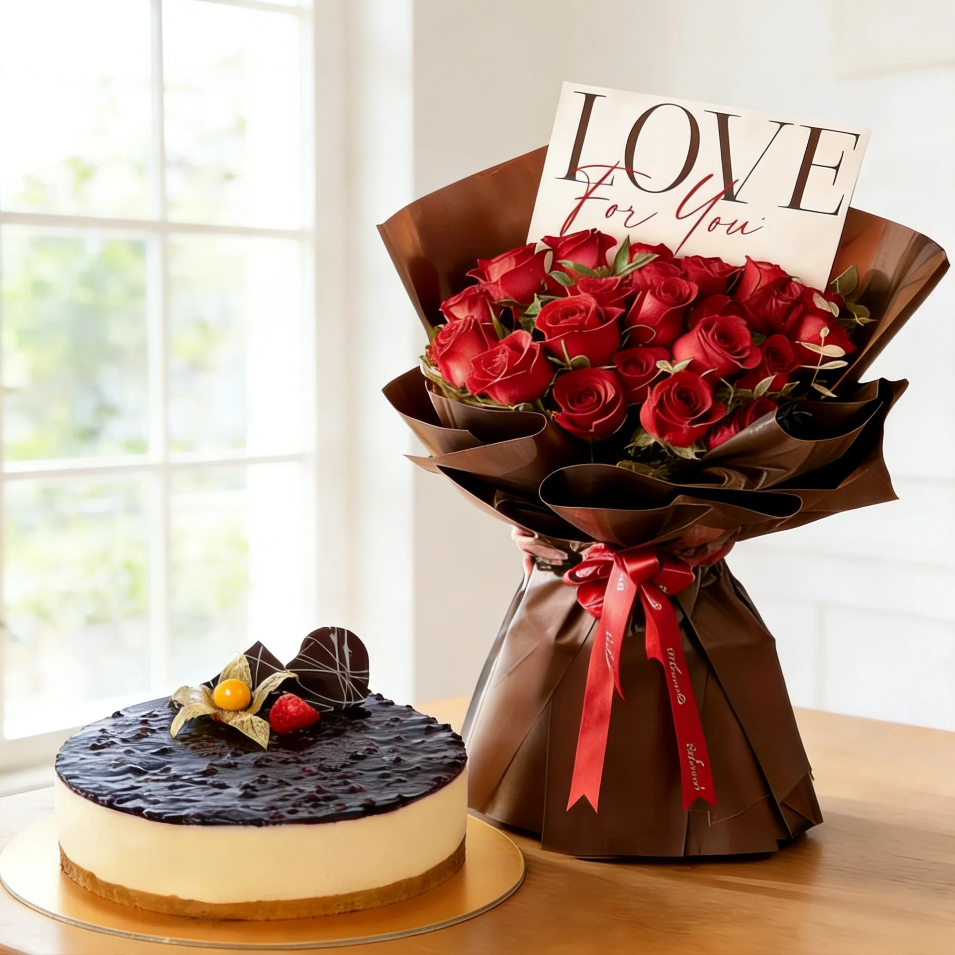 20 Red Roses & Blueberry Mousse Cheesecake