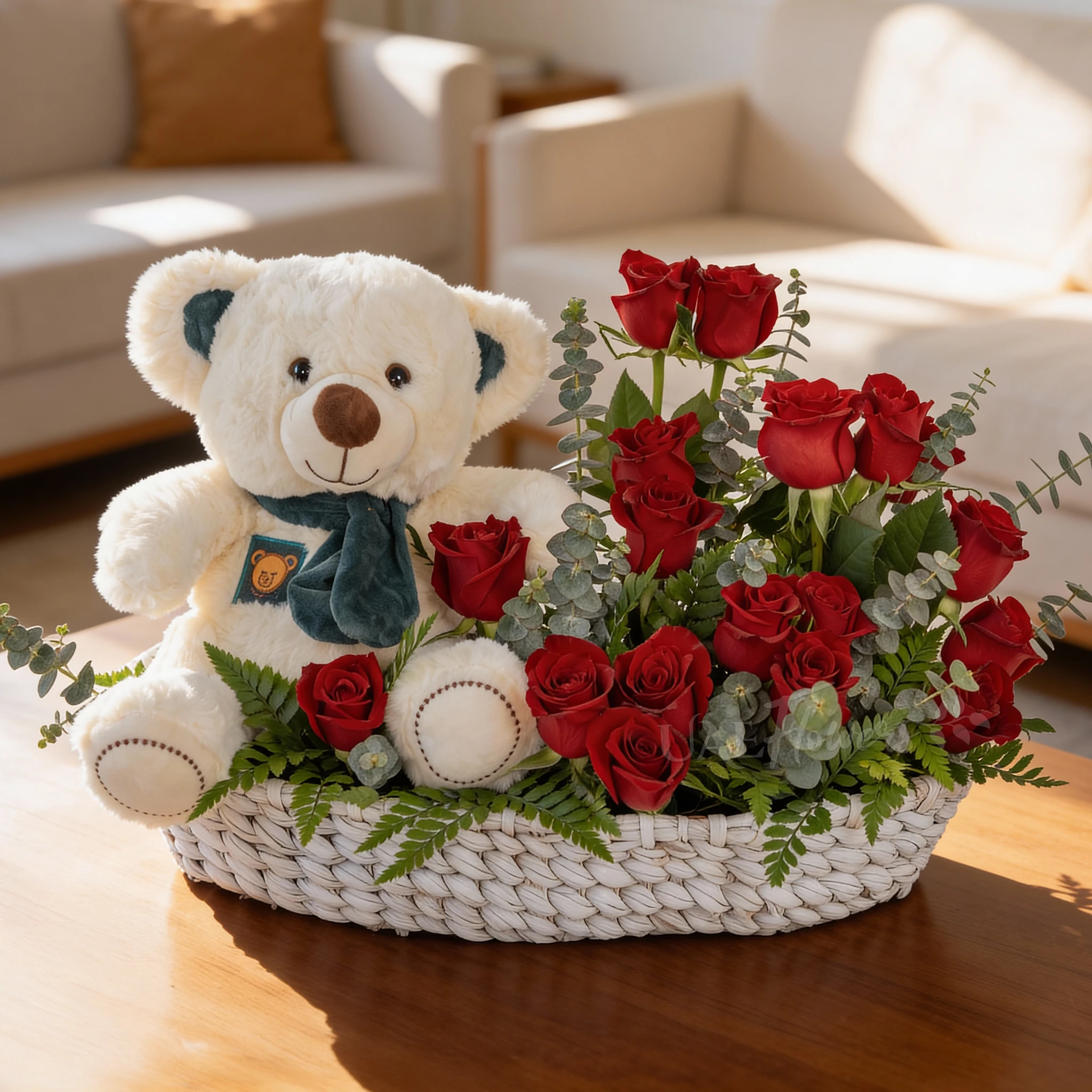 Basket arrangement of 20 red roses and small white teddy bear with eucalyptus leaf and green fillers.