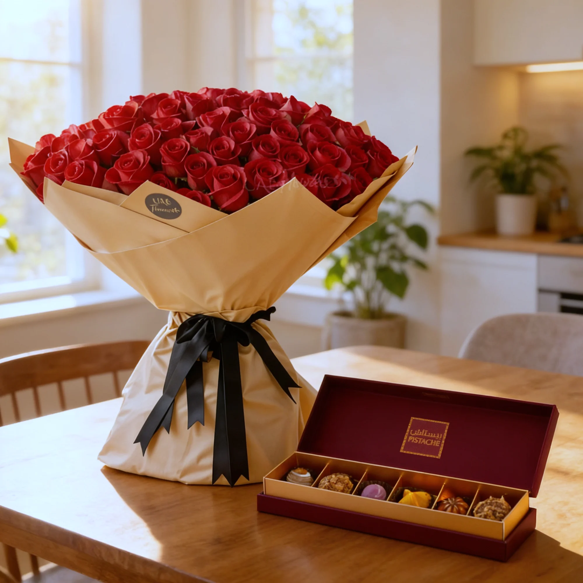100 Red Roses With Pistache Chocolate Box