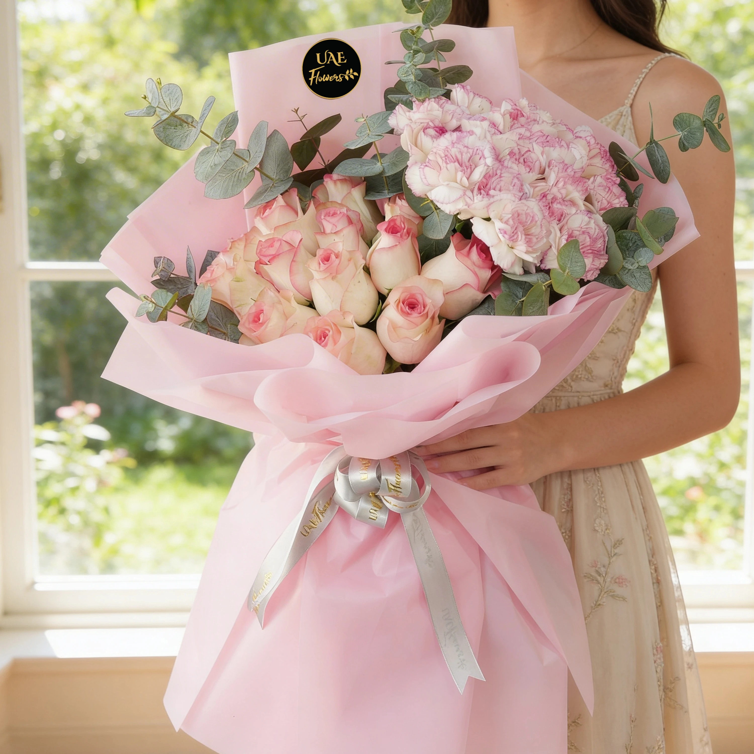Bouquet of 15 pink carnations and 15 pink roses with green fillers in pink wrapping.