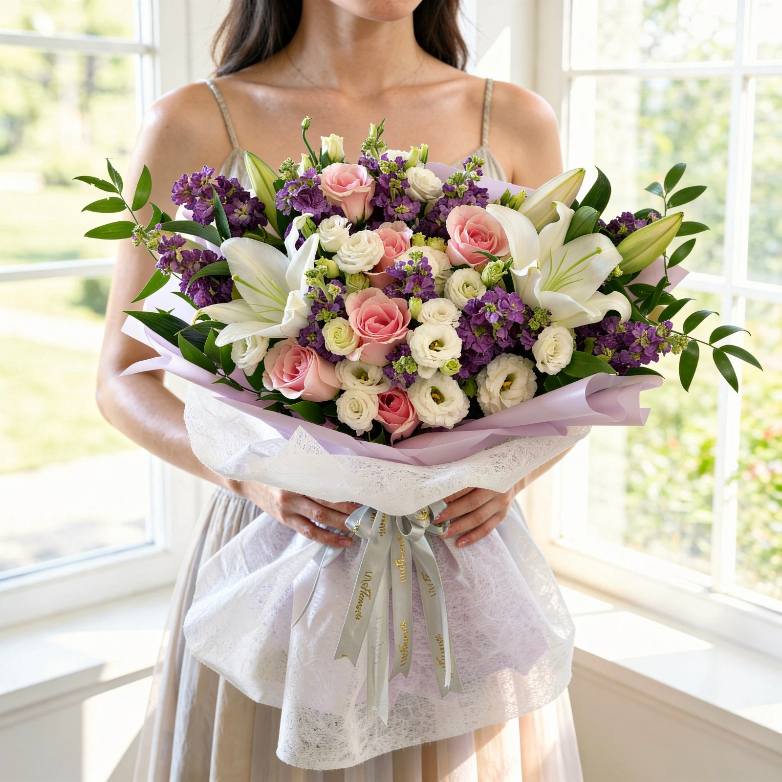 Bouquet of 2 white lilies, 10 purple matthiola, 5 white lisianthus and 8 pink roses with green fillers in nice wrapping.