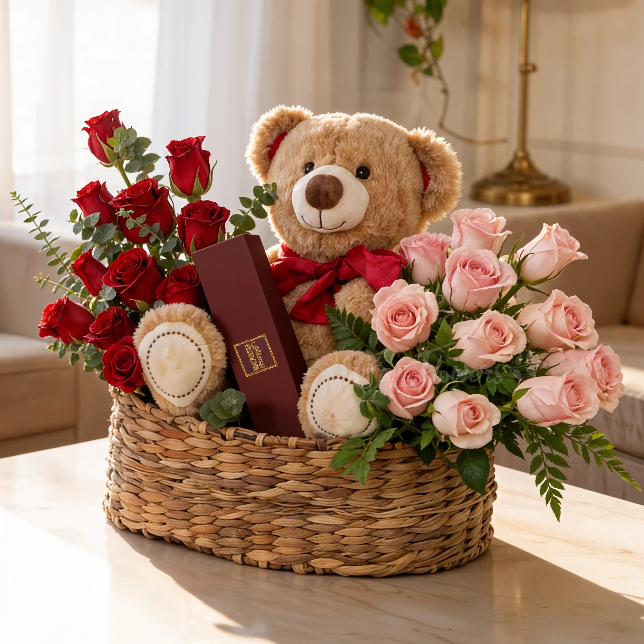 Basket arrangement of 11 red roses, 11 pink roses, small brown teddy bear and 6 Pcs Pistache Petite Indulgence Chocolate Box with green fillers.