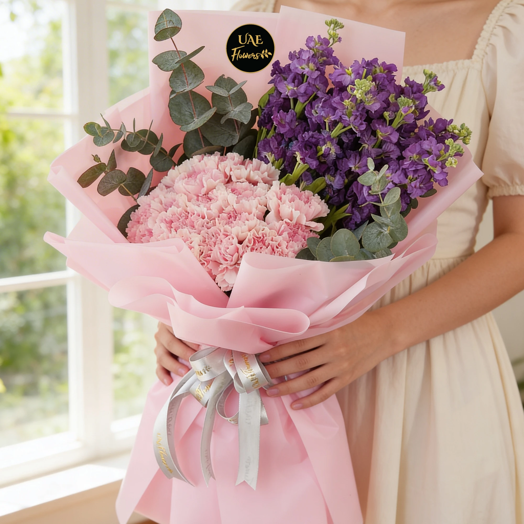 Bouquet of 10 purple matthiola and 15 pink carnations with green fillers in pink wrapping.