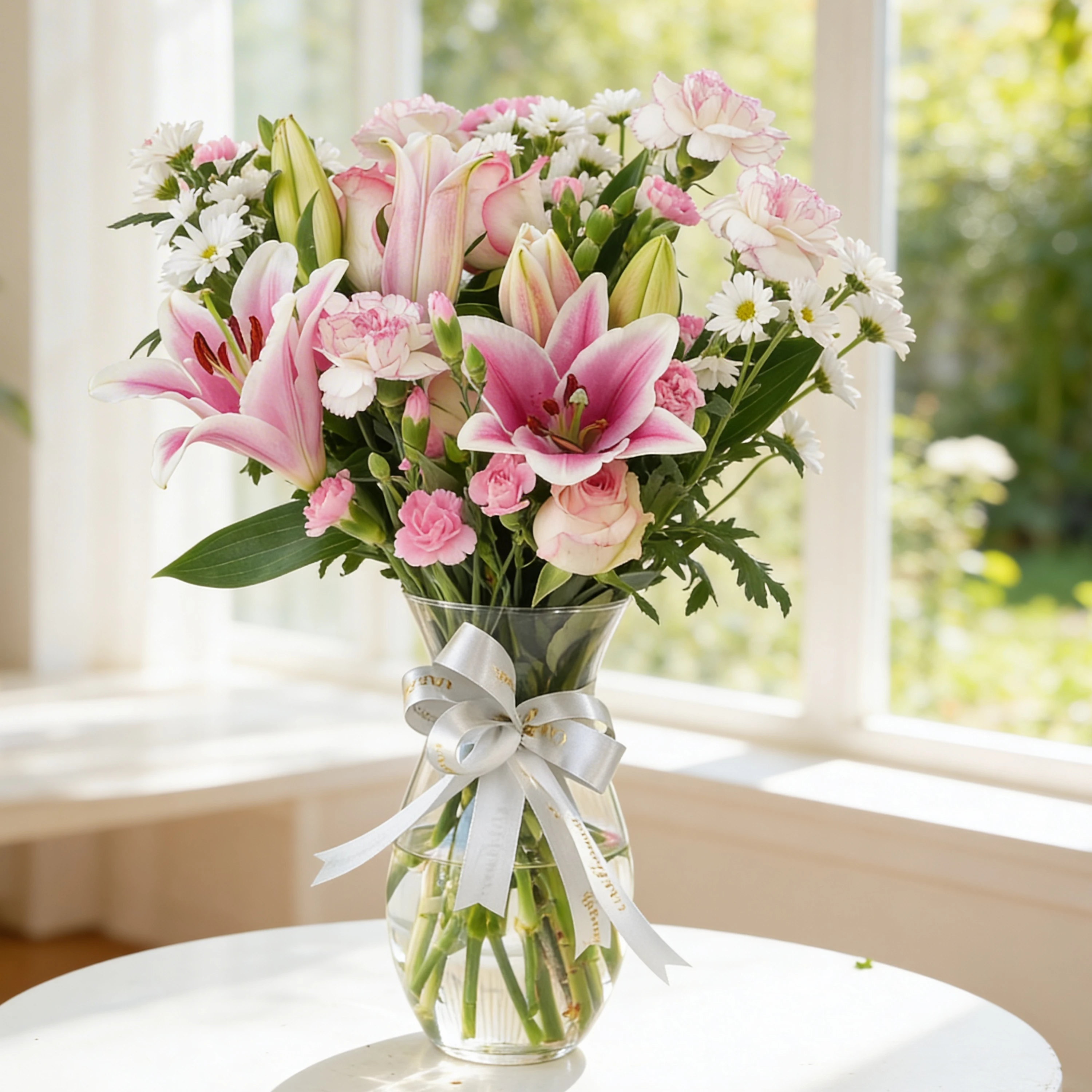 6 pink roses, 6 pink carnations, 2 pink lilies and 4 pink spray carnations with green fillers in a glass vase.