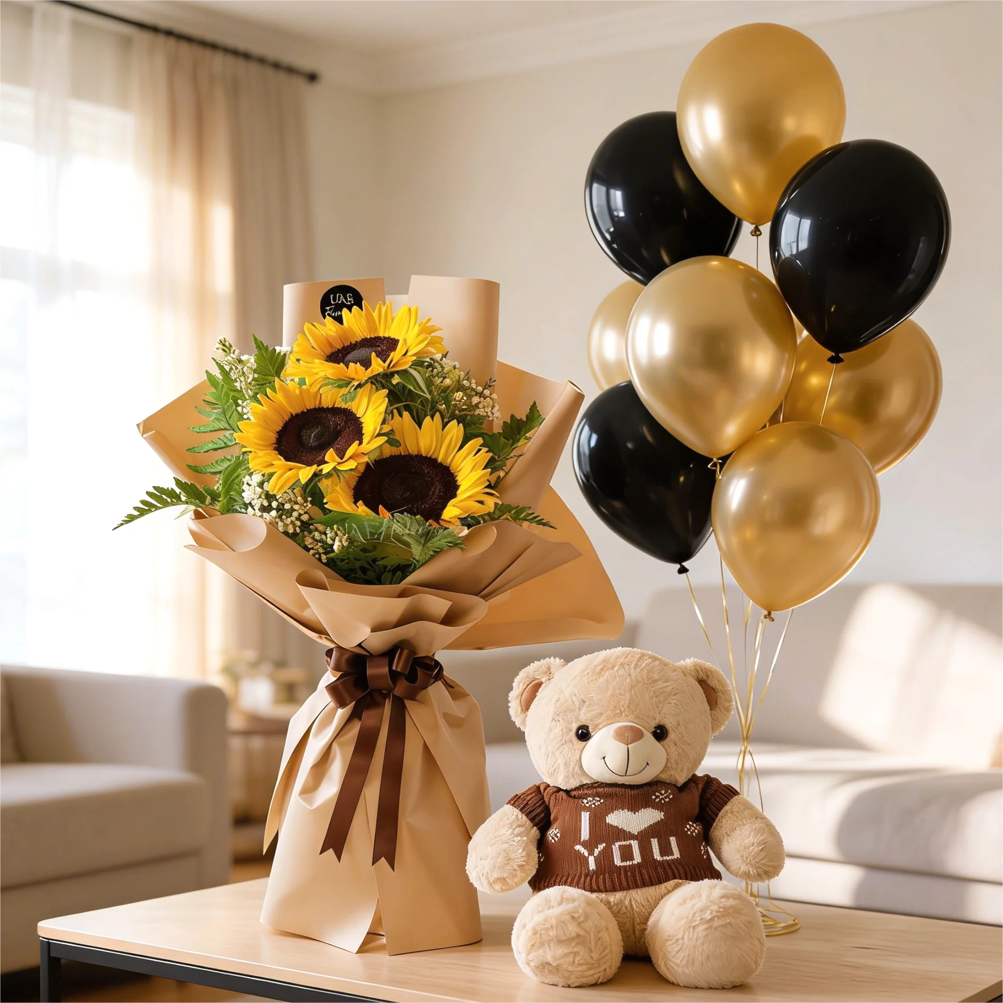 3 Sunflowers with Peach Teddy Bear & Gold Black Balloon Set