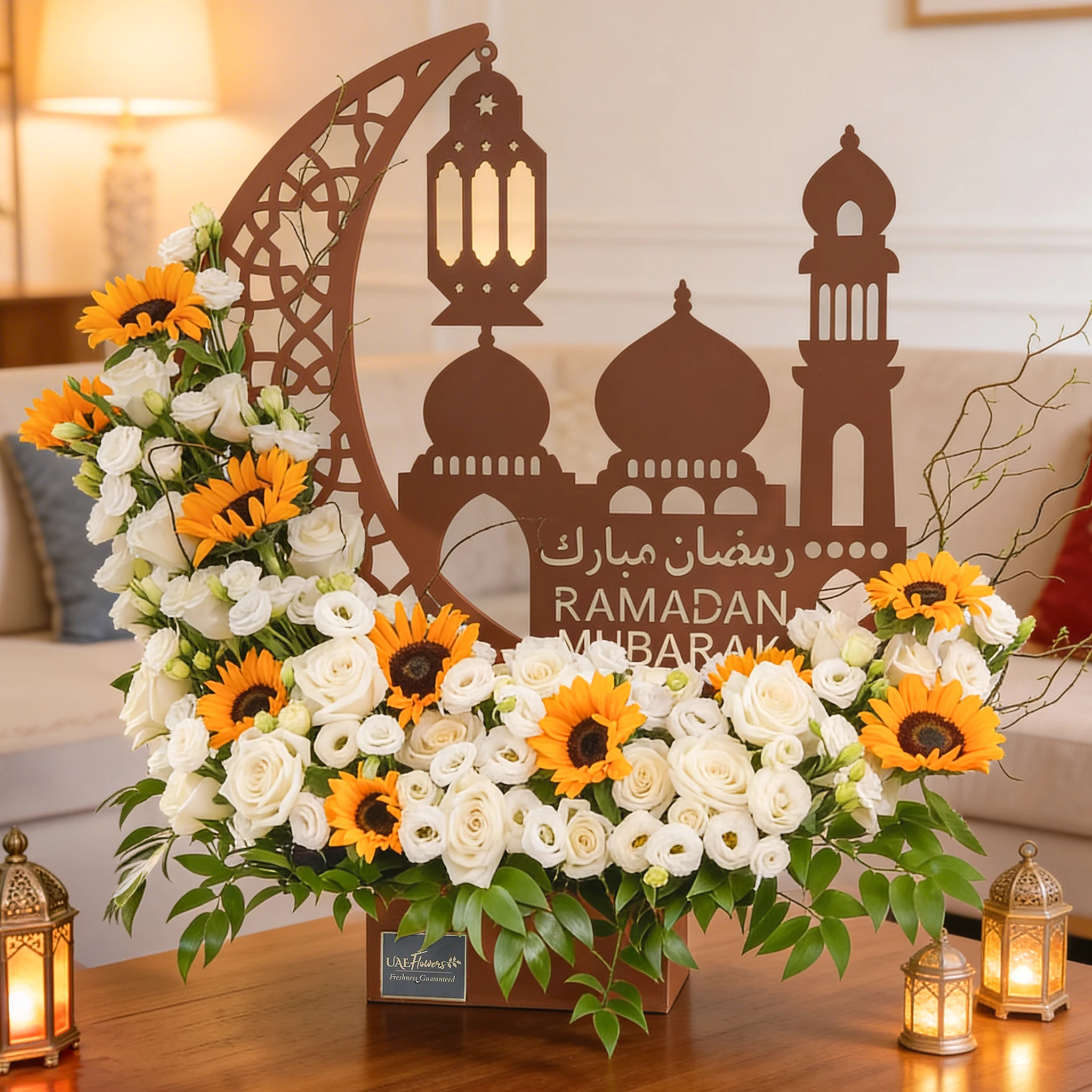 10 sunflowers, 10 white roses and 10 white spray roses with green fillers and Crescent Moon in wooden box.