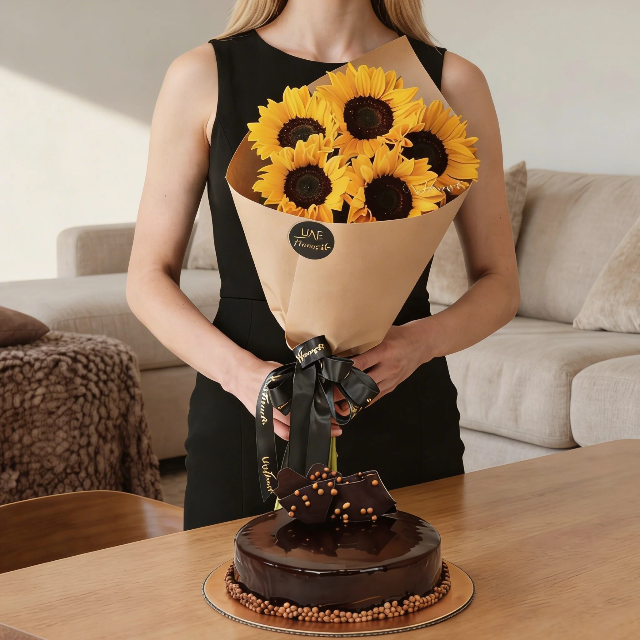 5 Sunflowers & 1Kg Chocolate Fudge Cake Delivery